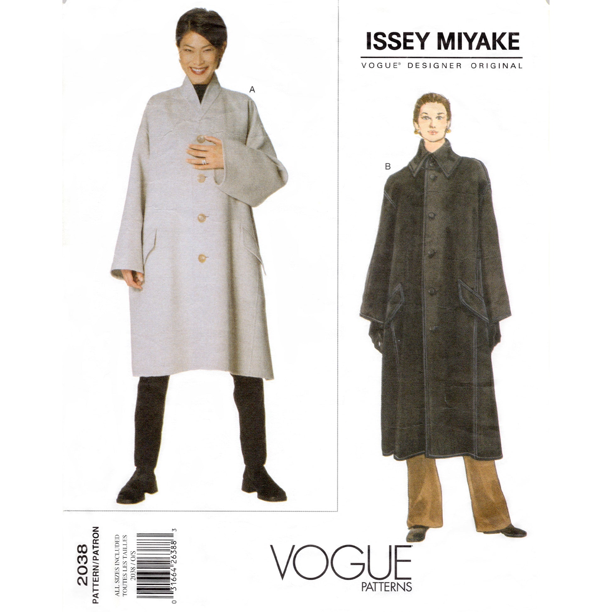 Vintage 1990s Vogue designer Issey Miyake pattern 2038 loose fitting coat in two lengths - envelope front