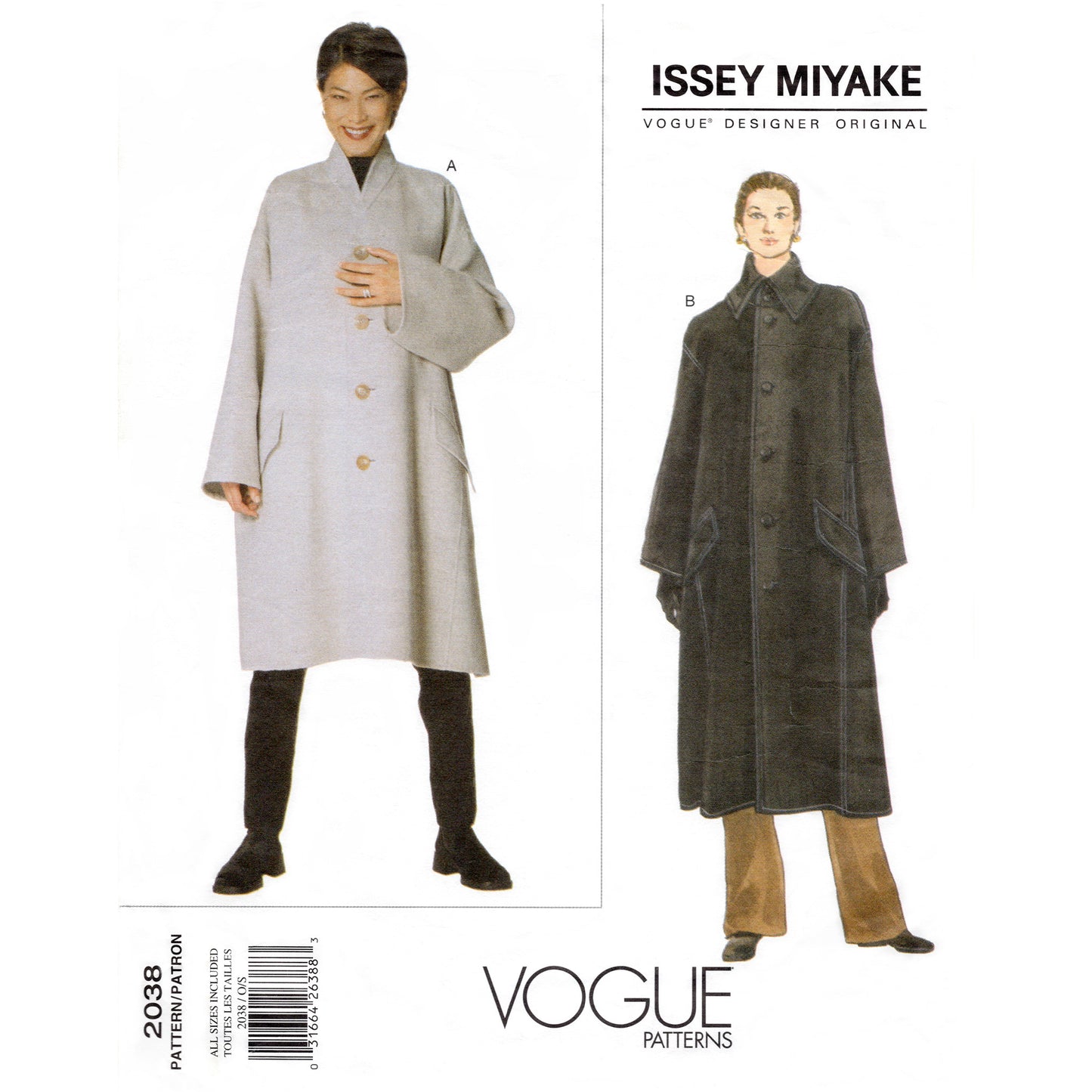 Vogue patterns envelope cover featuring Issey Miyake coats with model images and branding.