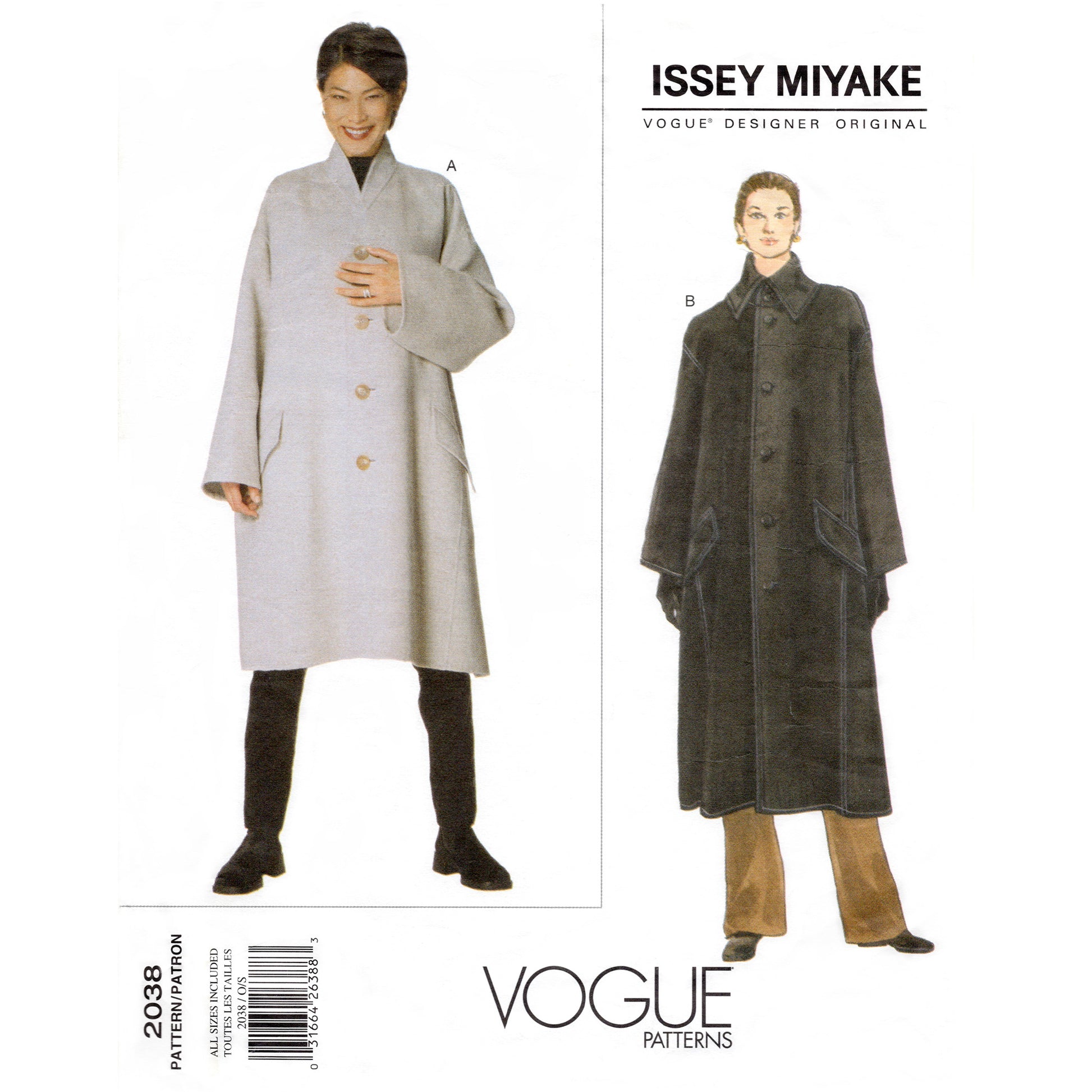 Vogue patterns envelope cover featuring Issey Miyake coats with model images and branding.
