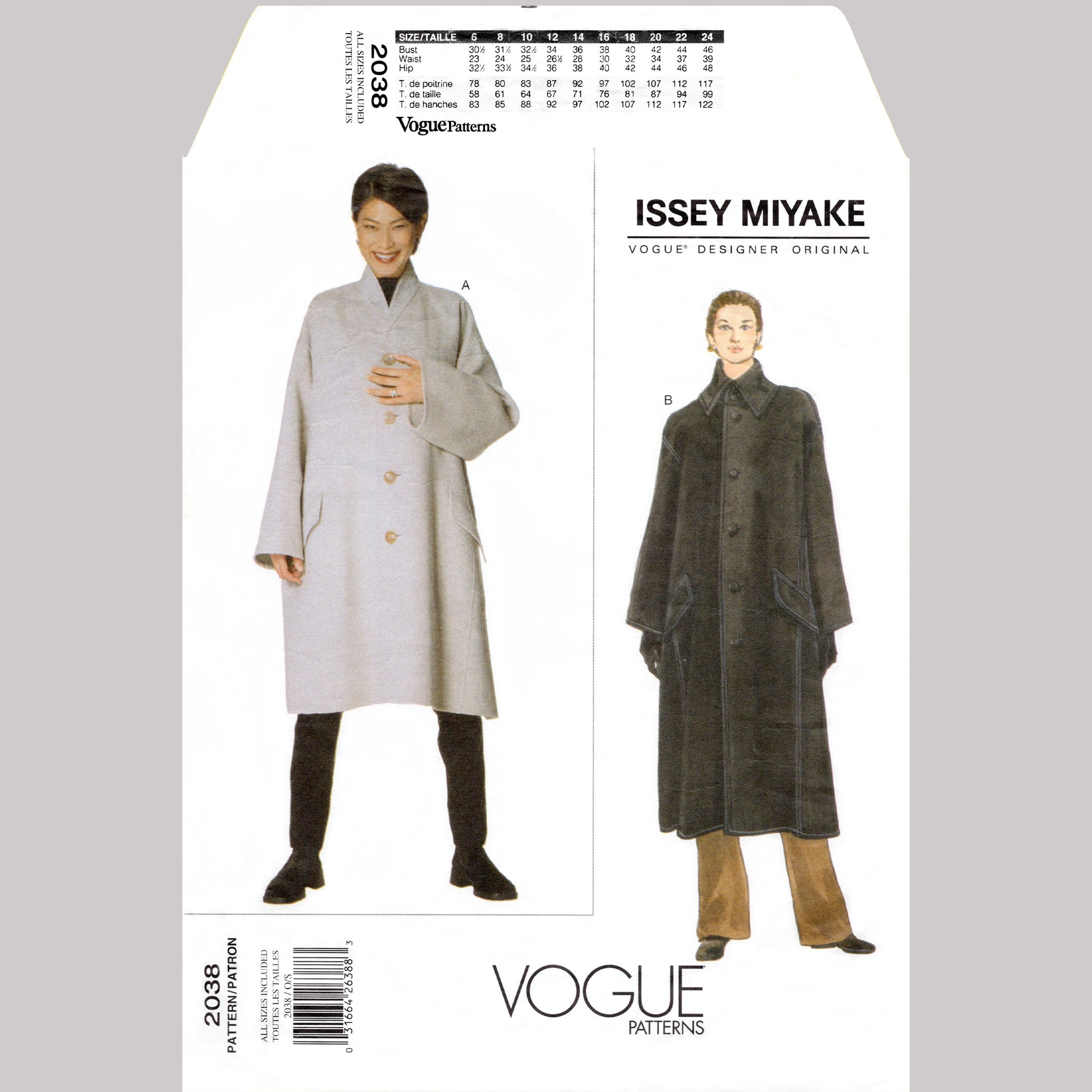 Vintage 1990s Vogue designer Issey Miyake pattern 2038 loose fitting coat in two lengths - envelope front