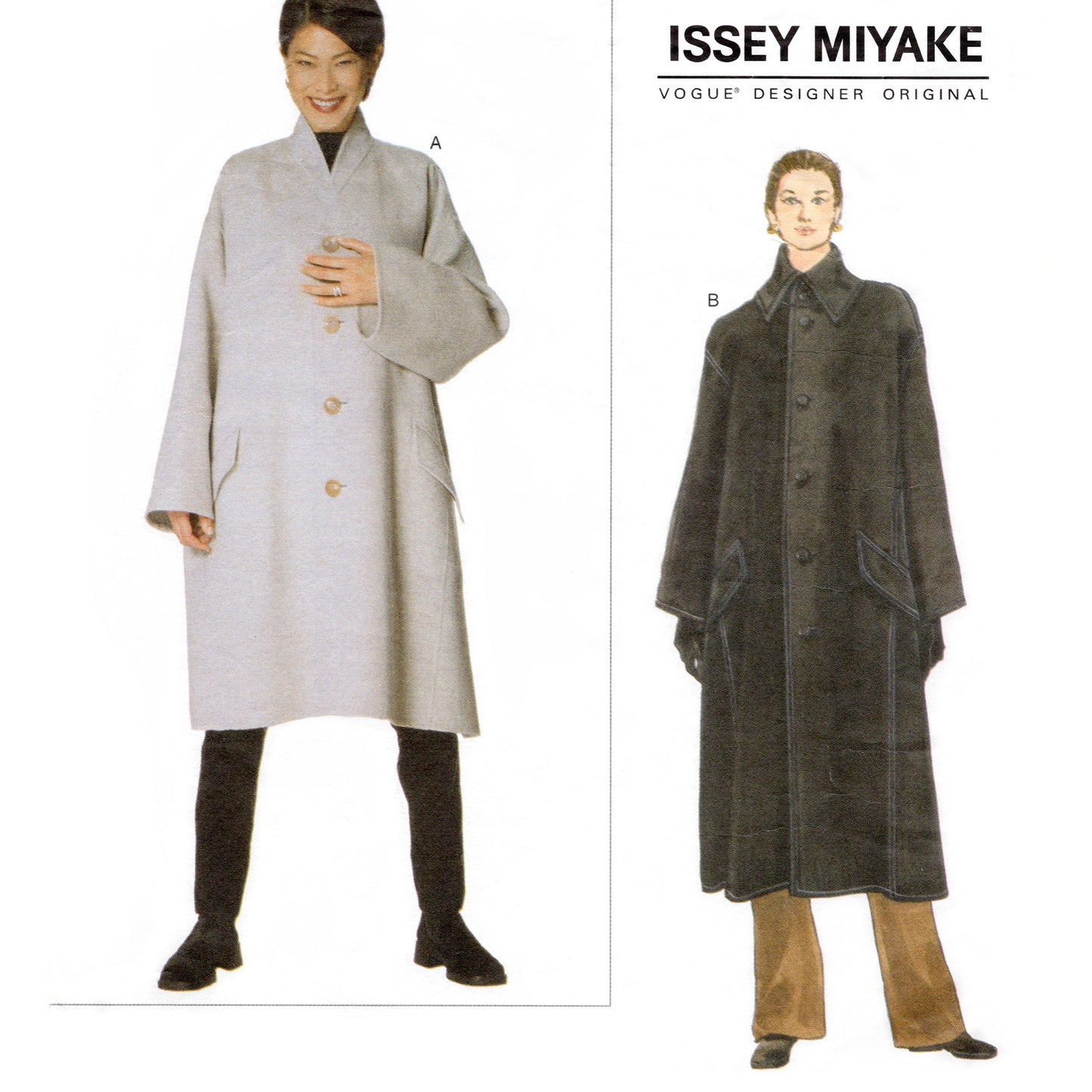 Two models wearing Issey Miyake coats with a white background