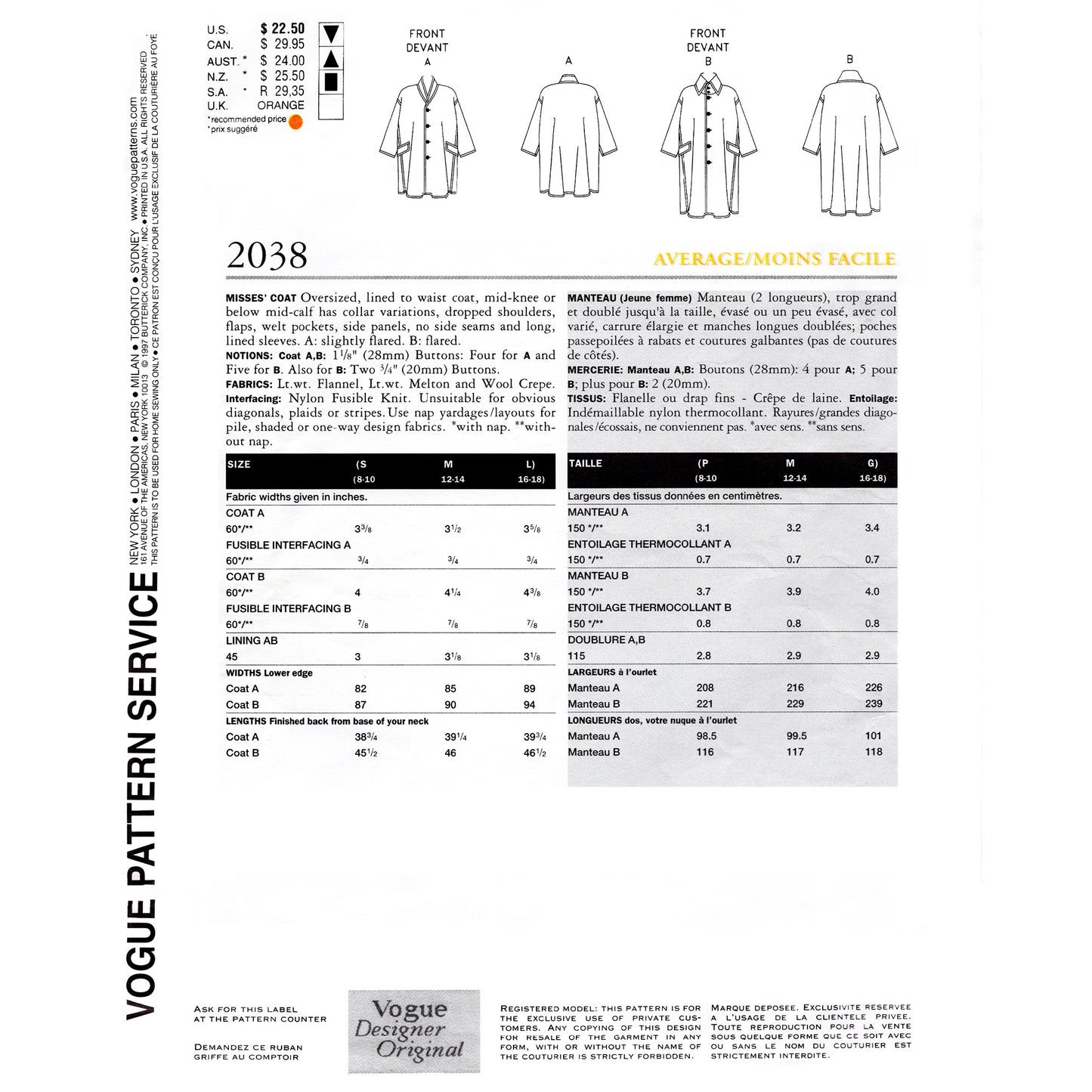 Vogue pattern service catalog page with a coat pattern and measurement chart.