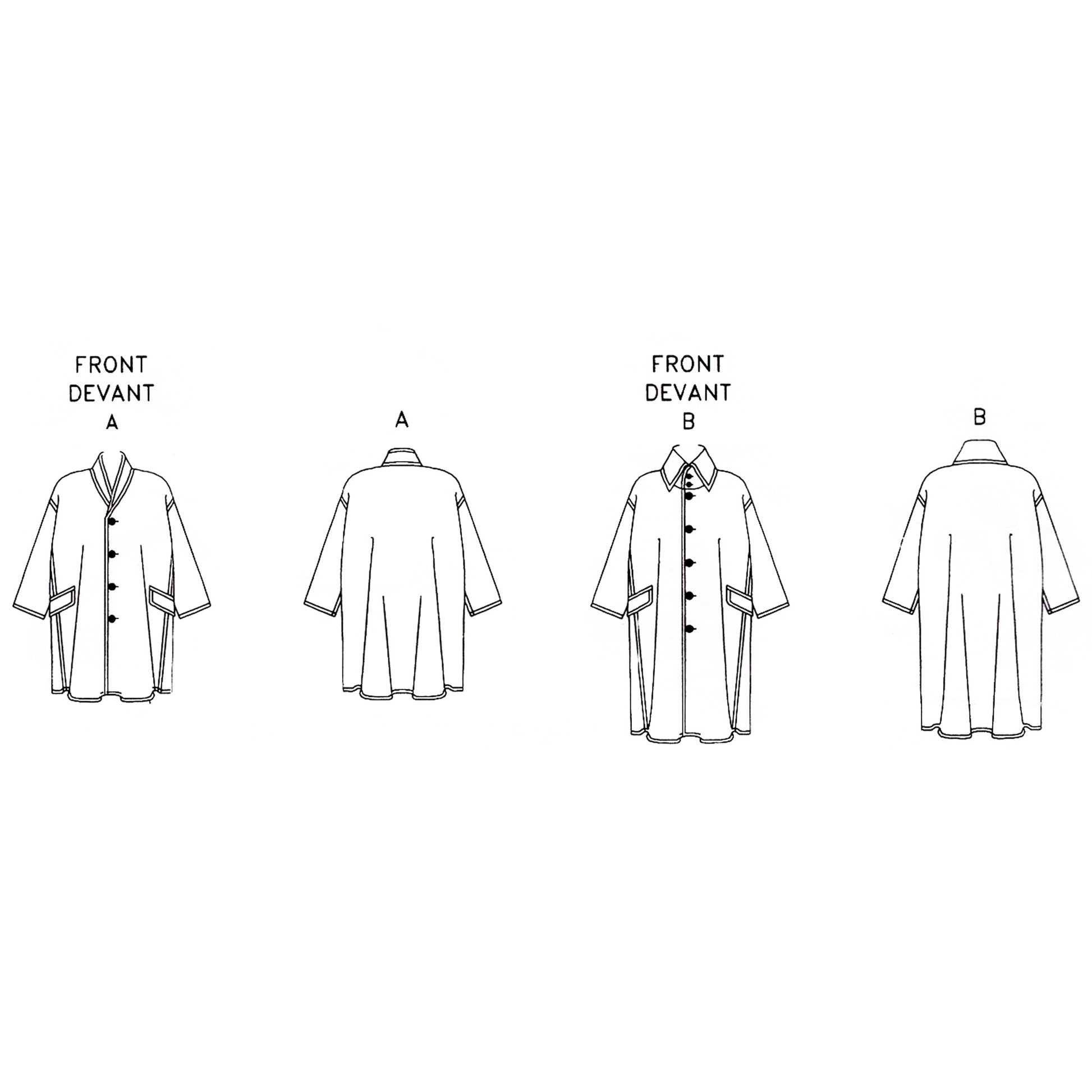 Line drawings of a coat from multiple angles on a white background