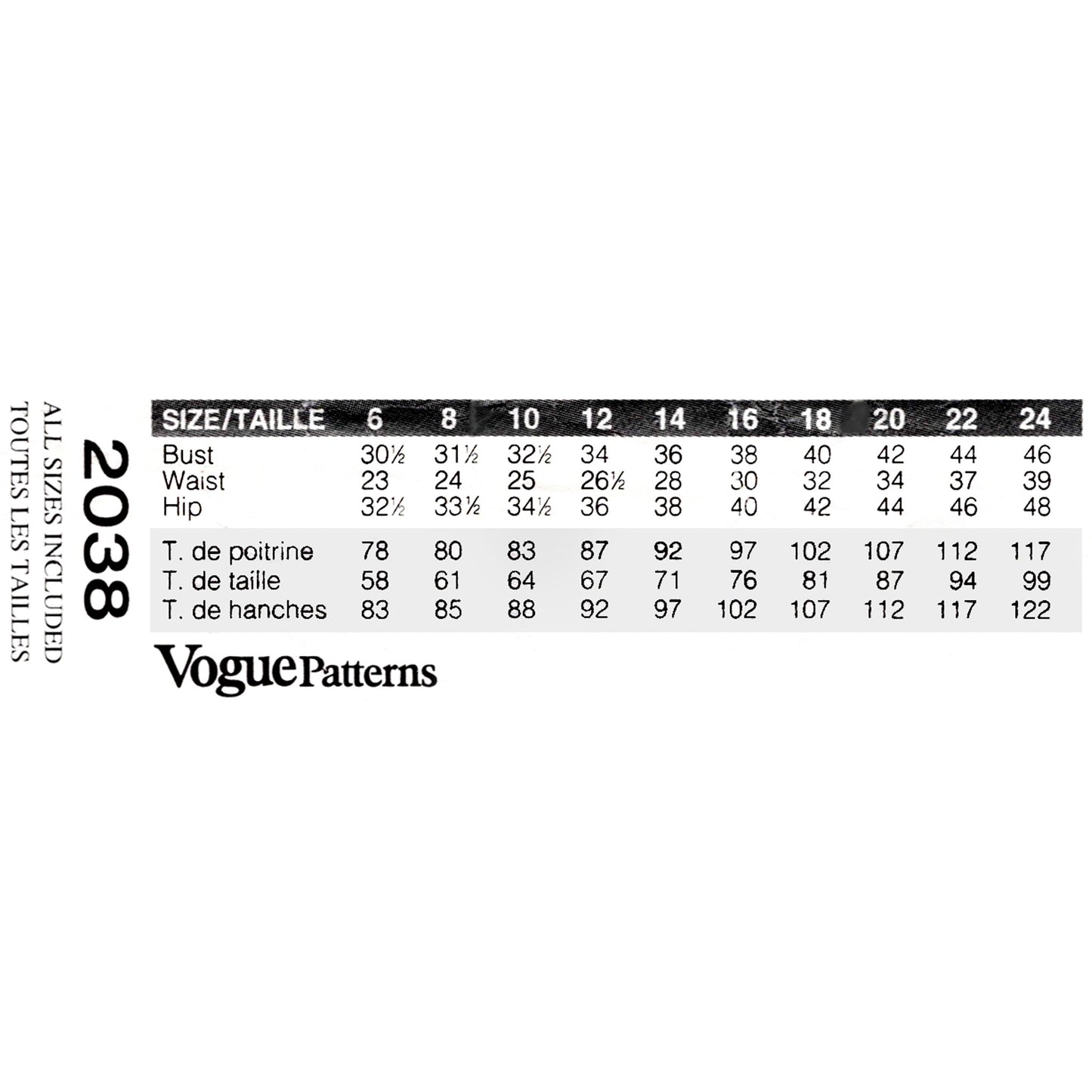 Vogue Patterns size chart for garment measurements on a white background