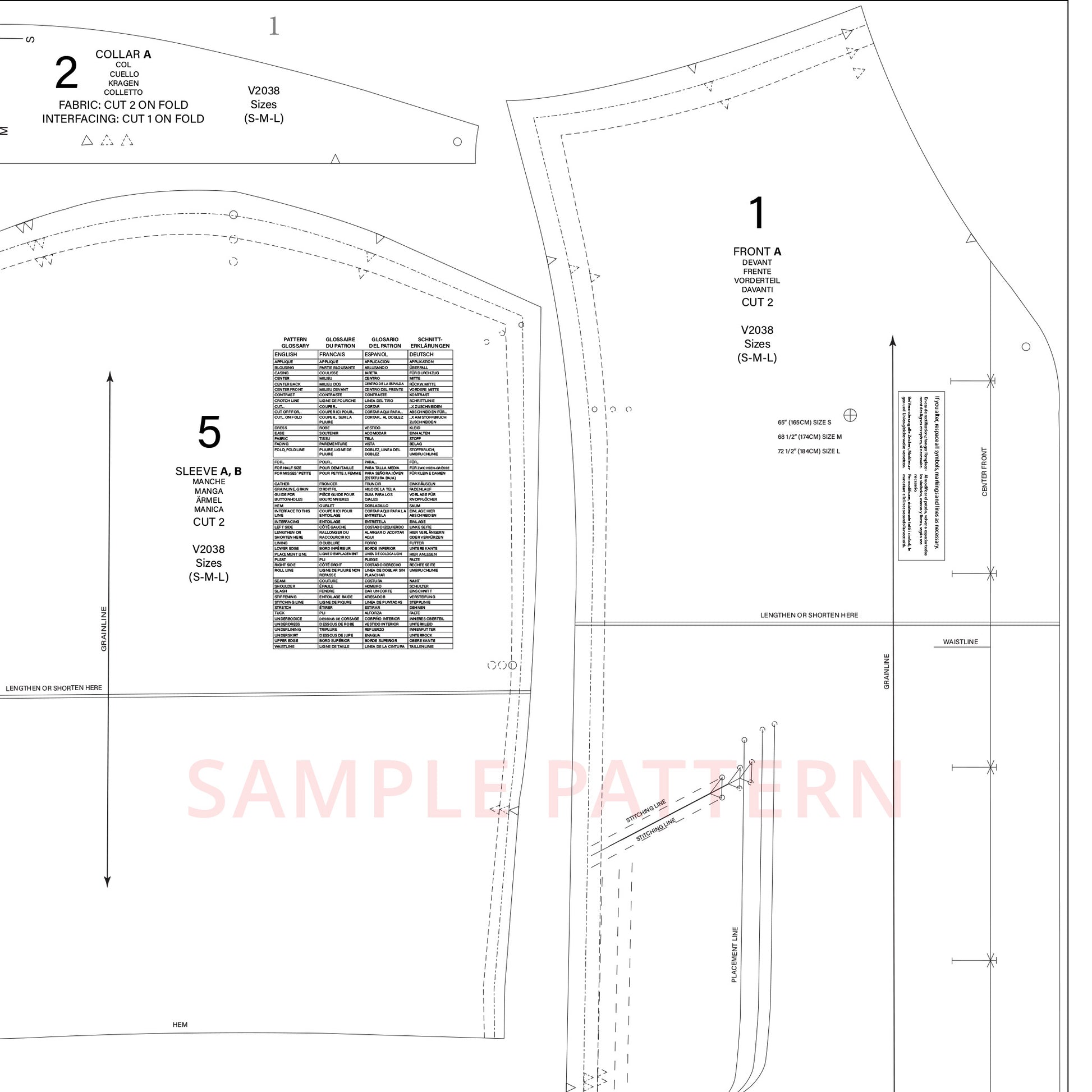 Technical drawing of a garment pattern with measurements and labels