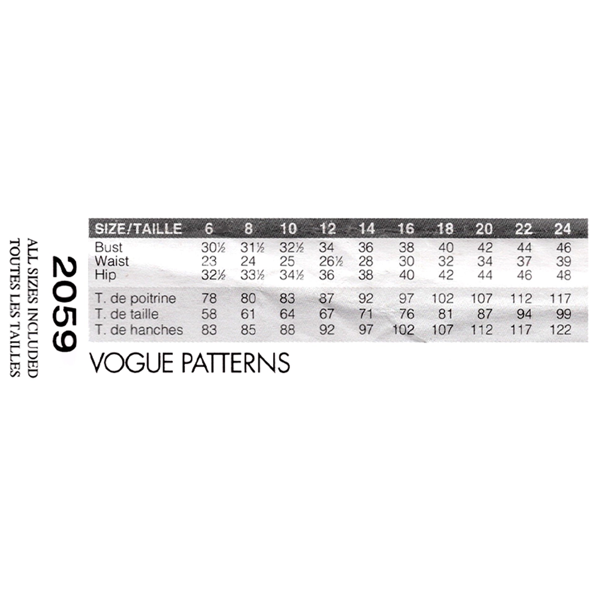 Size chart for Vogue Patterns 2059 on a white background