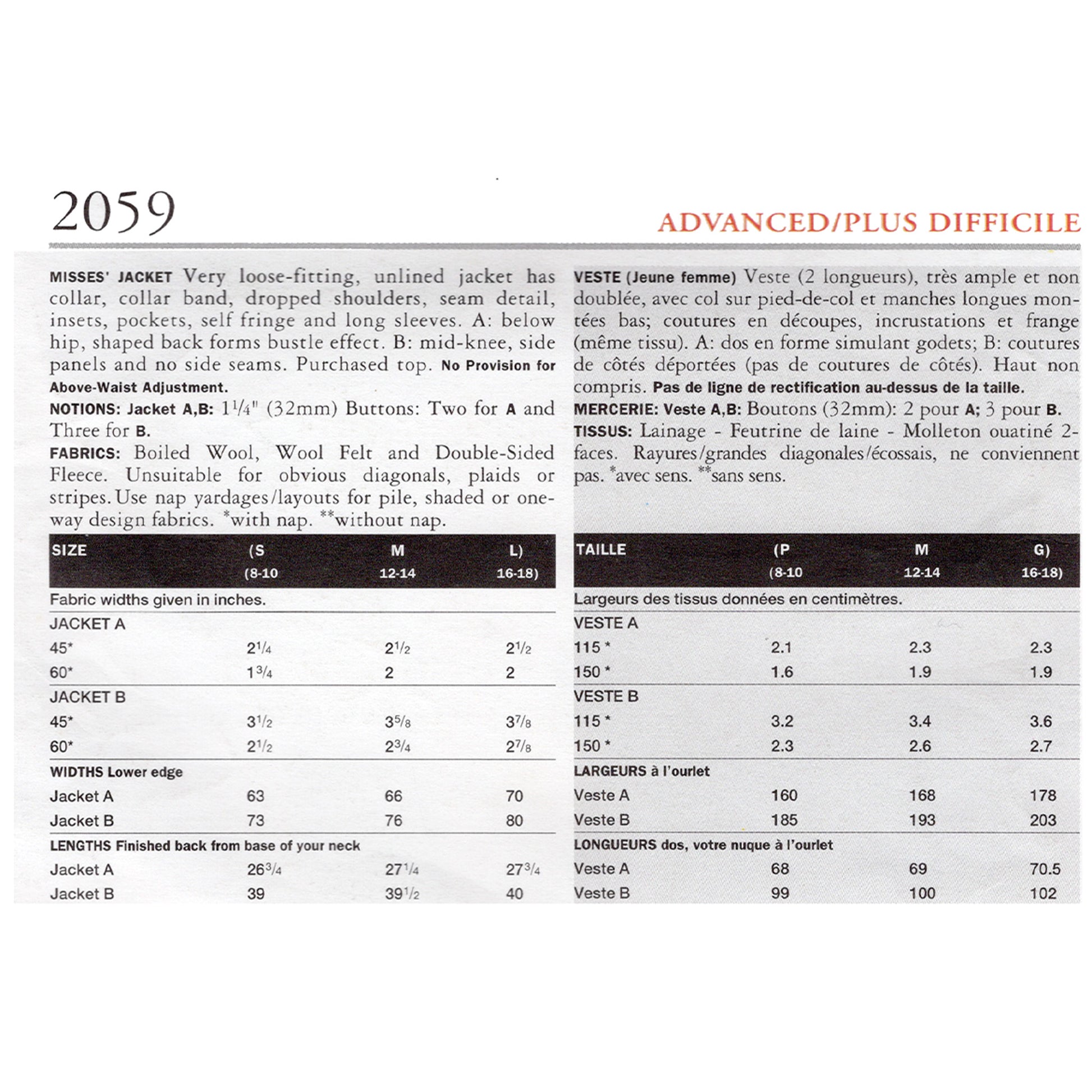 Textual design of a pattern book with measurements and fabric requirements for jackets.