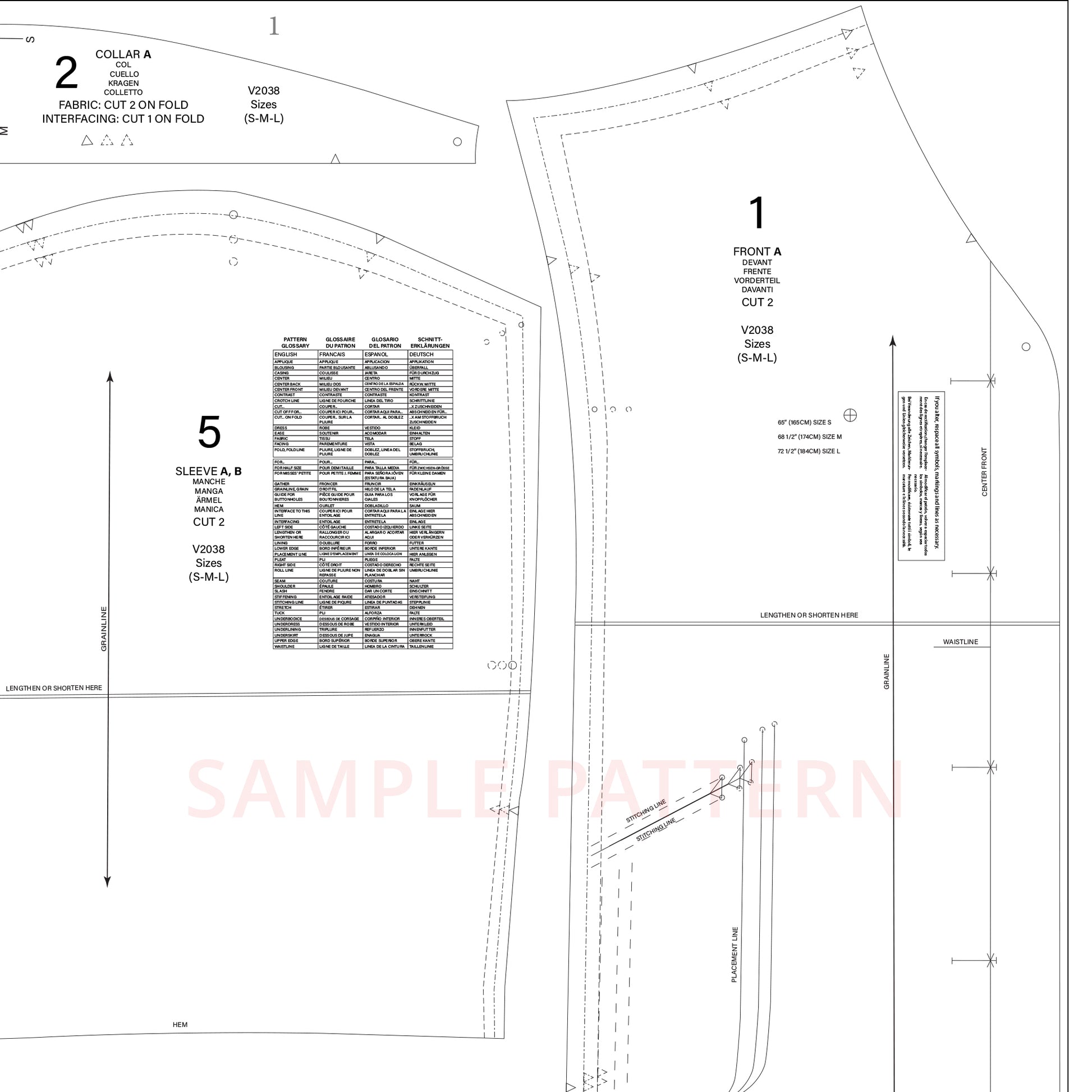 Technical drawing of a garment pattern with measurements and labels