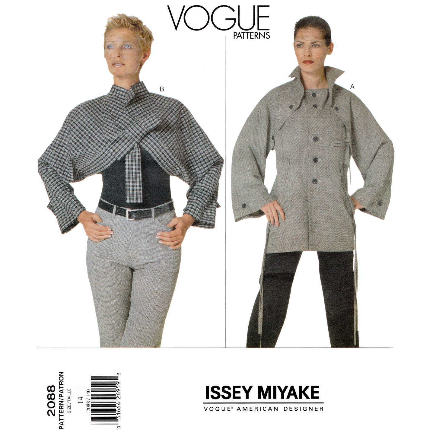 Vogue patterns envelope cover featuring two models wearing Issey Miyake jacket designs on a white background.