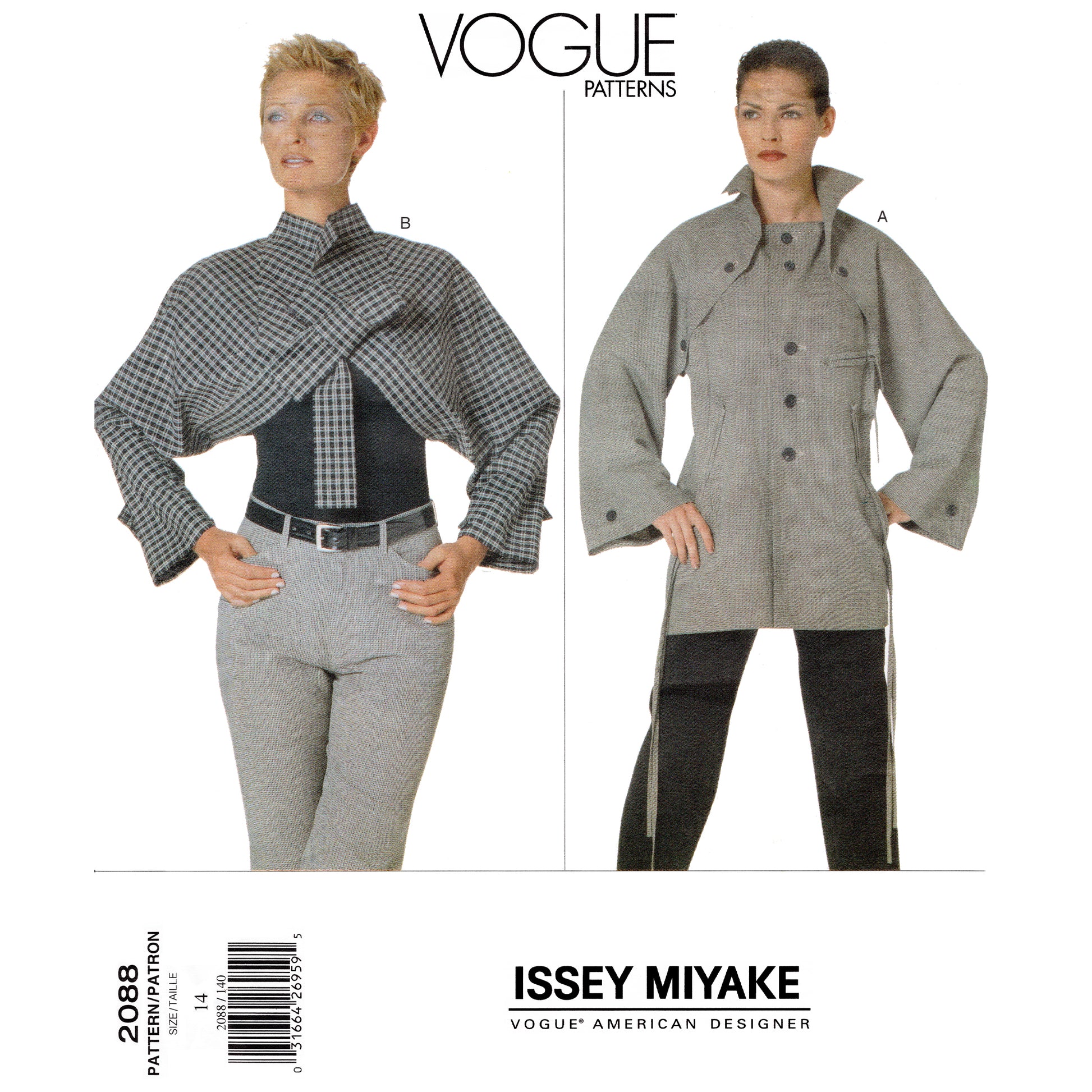 Vogue patterns envelope cover featuring two models wearing Issey Miyake jacket designs on a white background.