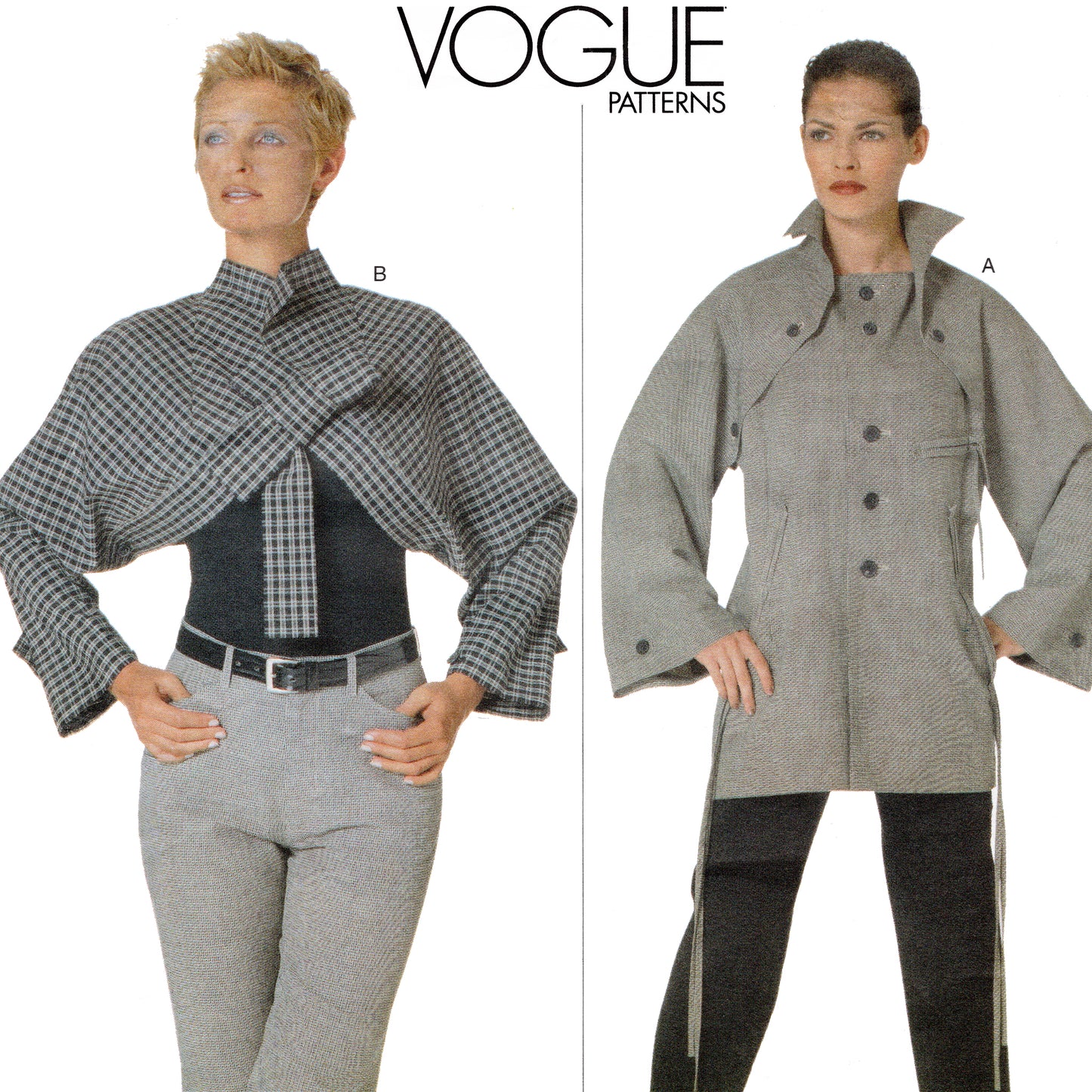 Two models wearing gray jackets with Vogue Patterns logo above.