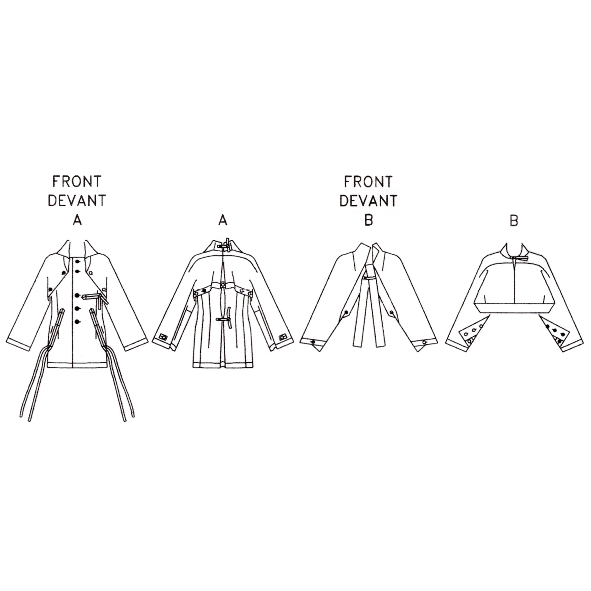 Technical drawing of a jacket with labeled front and back views on a white background