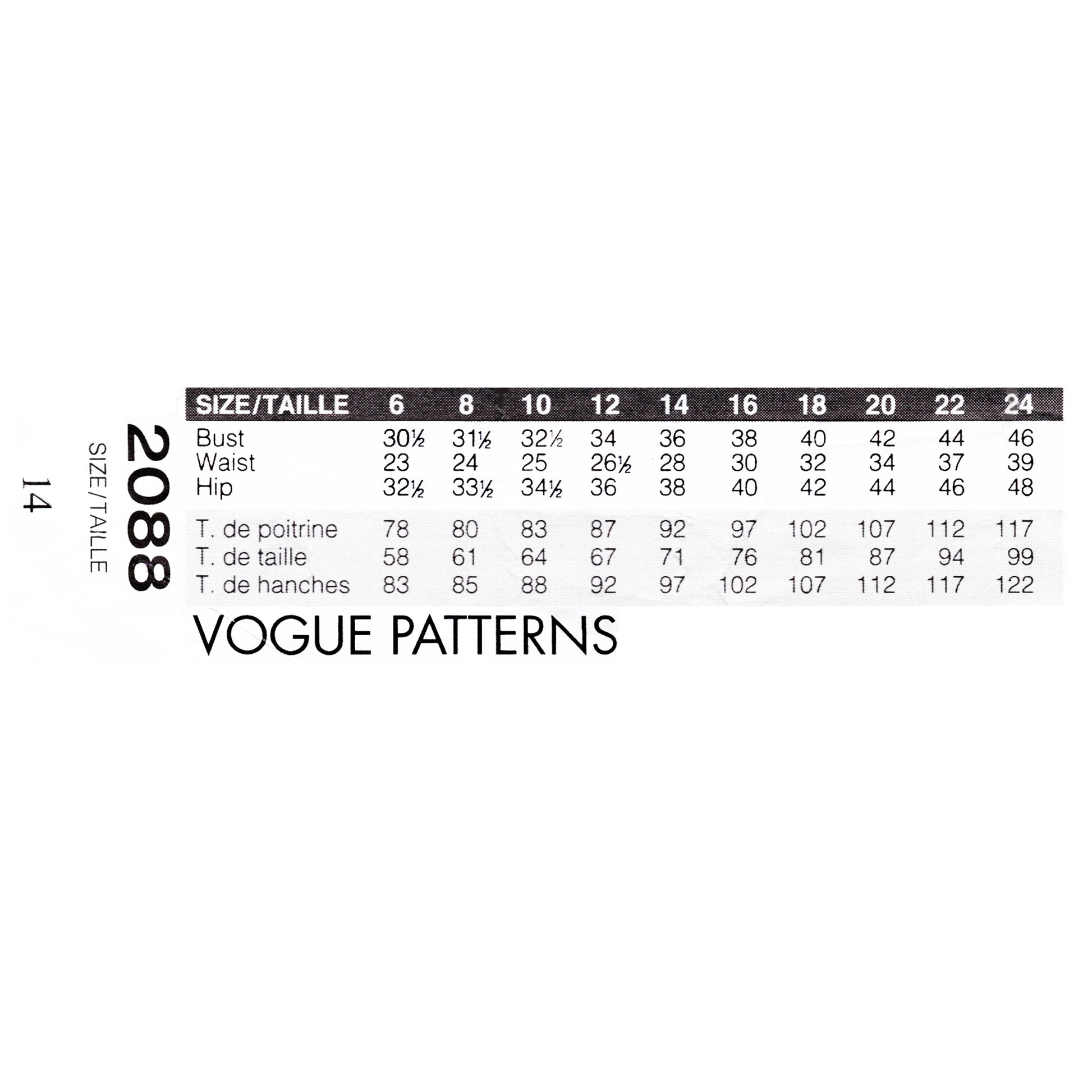 Vogue Patterns size chart with measurements on a white background