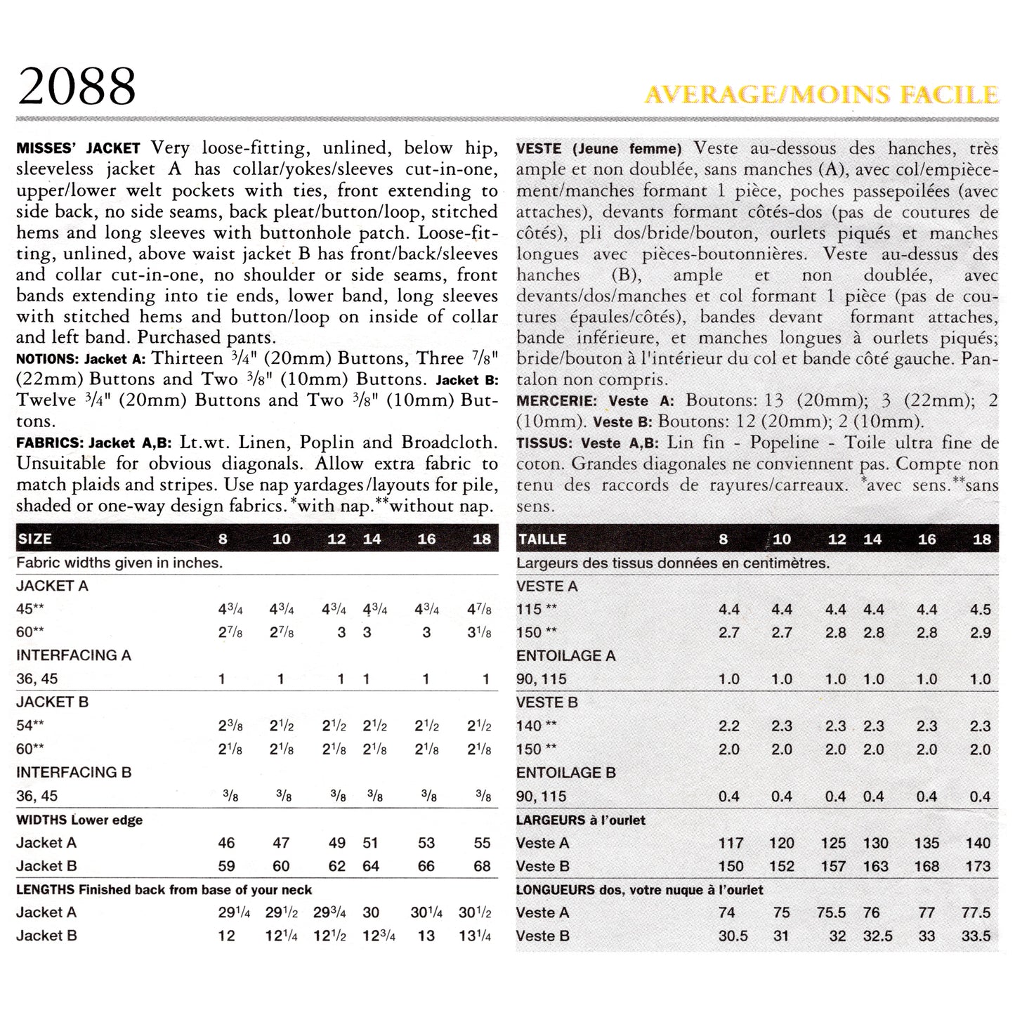 Textual fabric and pattern information sheet with measurements and specifications.