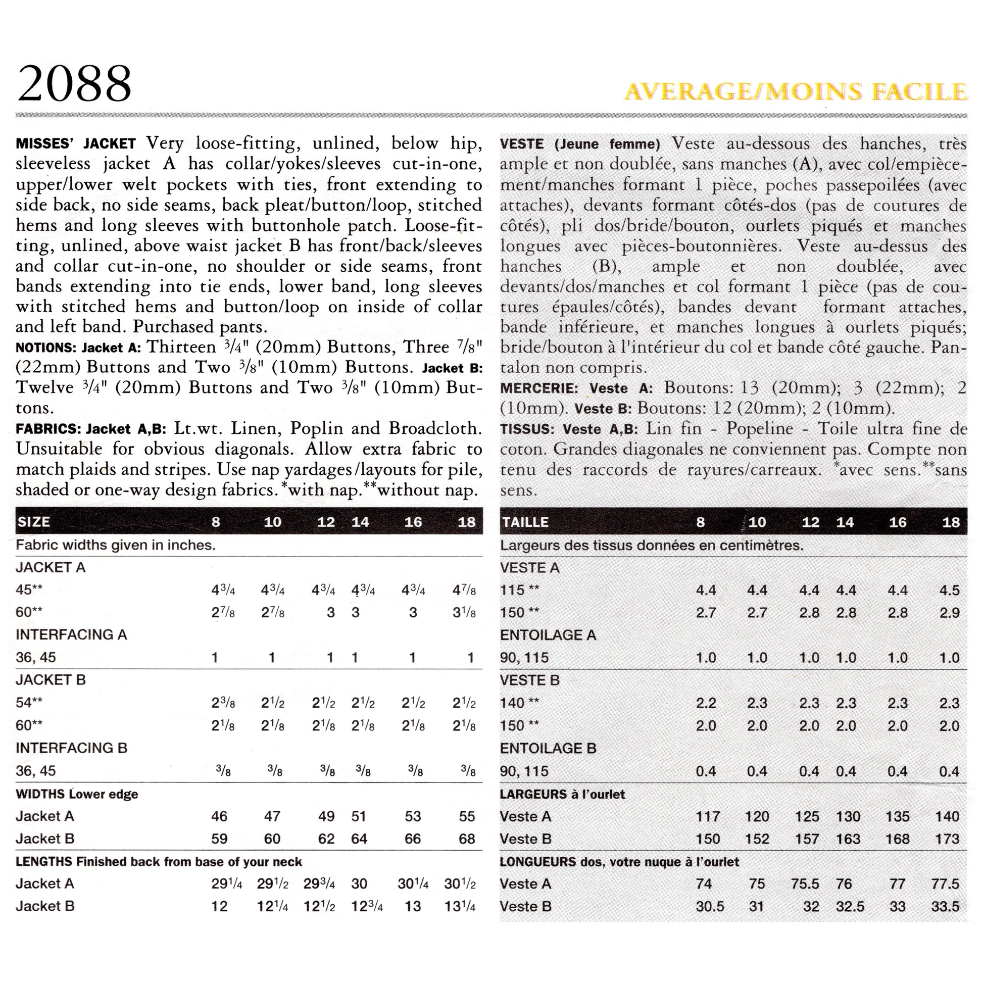 Textual fabric and pattern information sheet with measurements and specifications.
