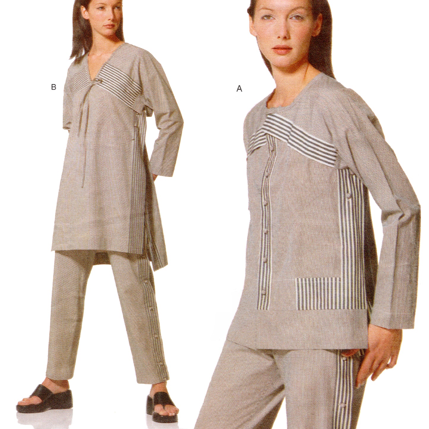 Two views of a woman wearing a gray outfit with striped details on a white background