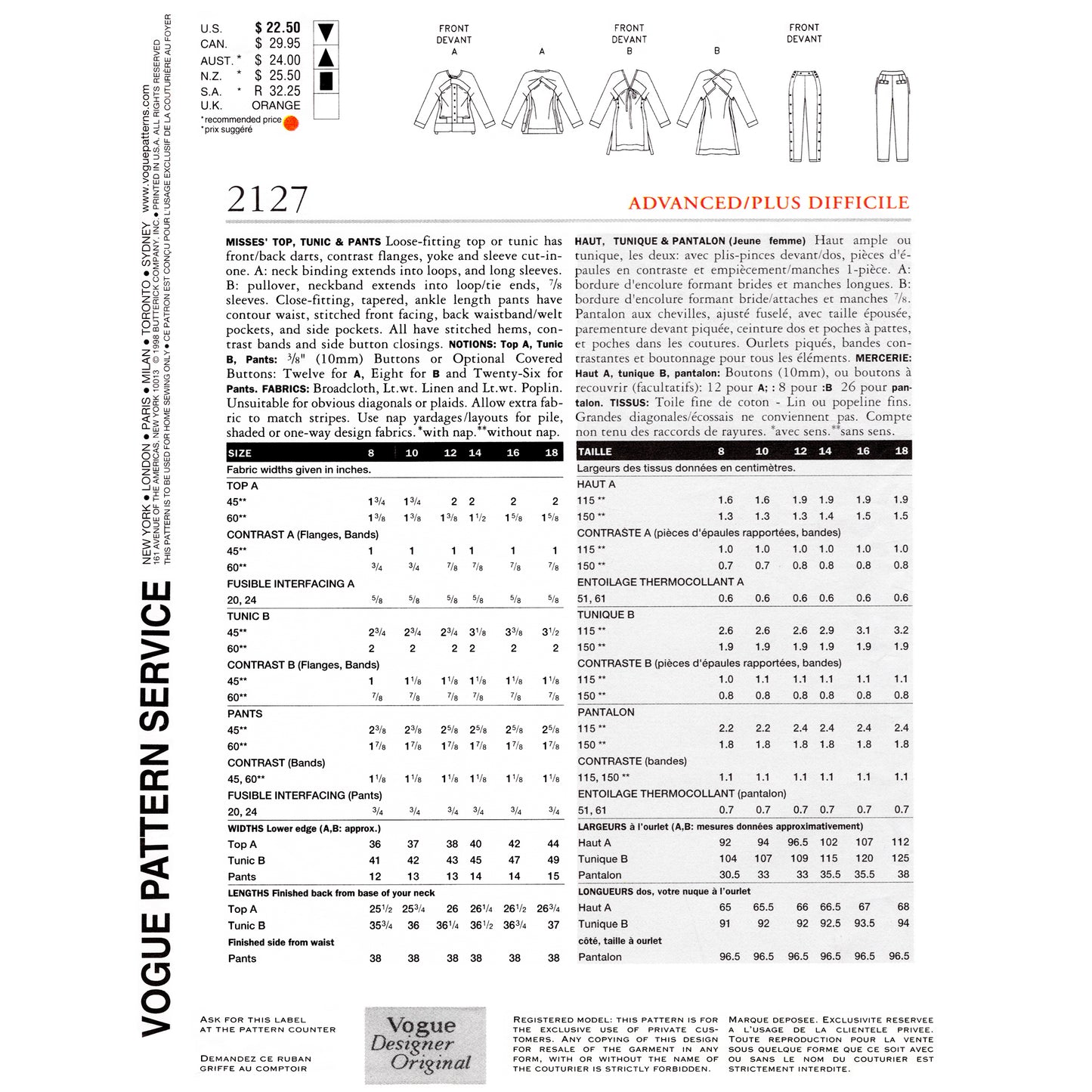 Vogue sewing pattern envelope back with garment illustrations and text