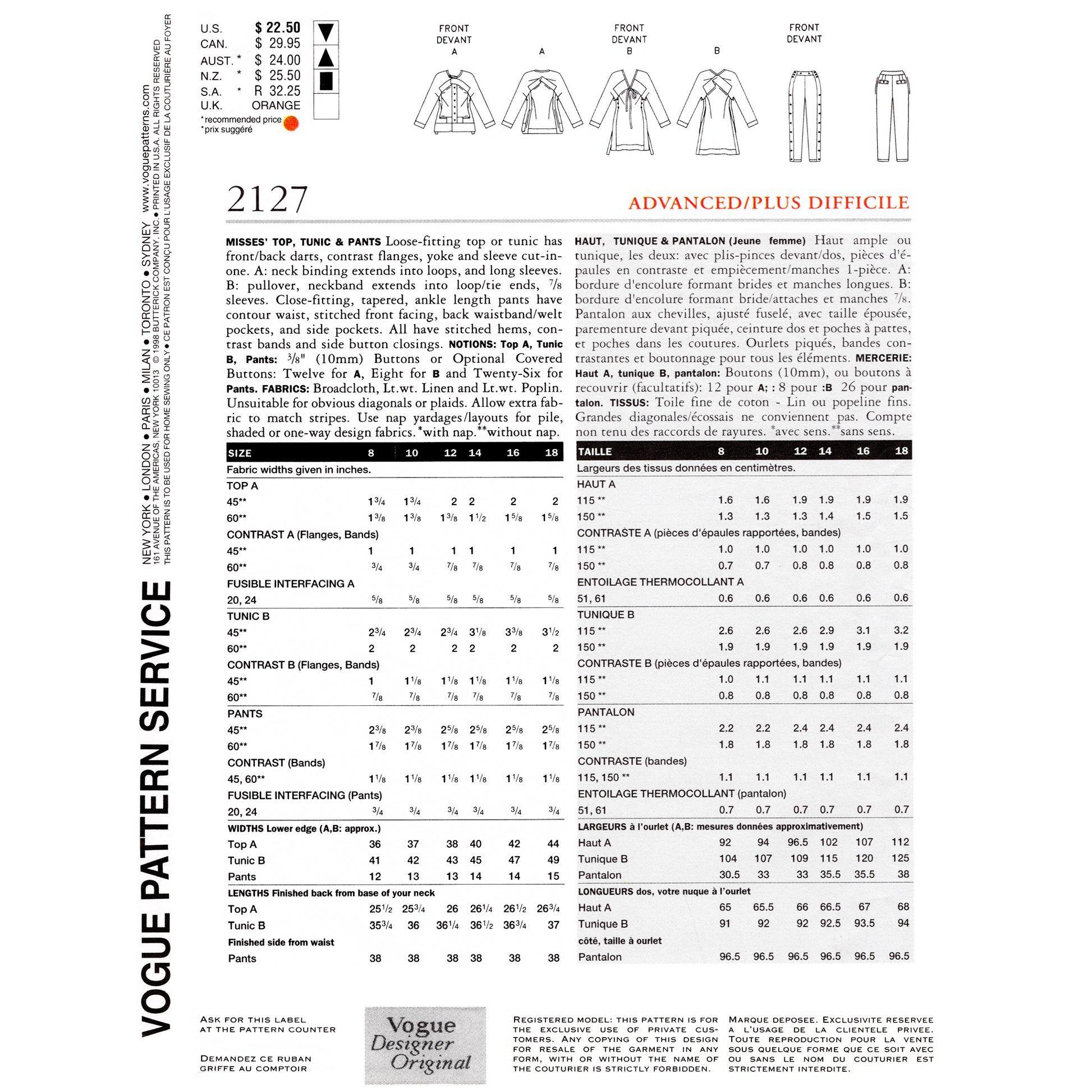 Vogue sewing pattern envelope back with garment illustrations and text