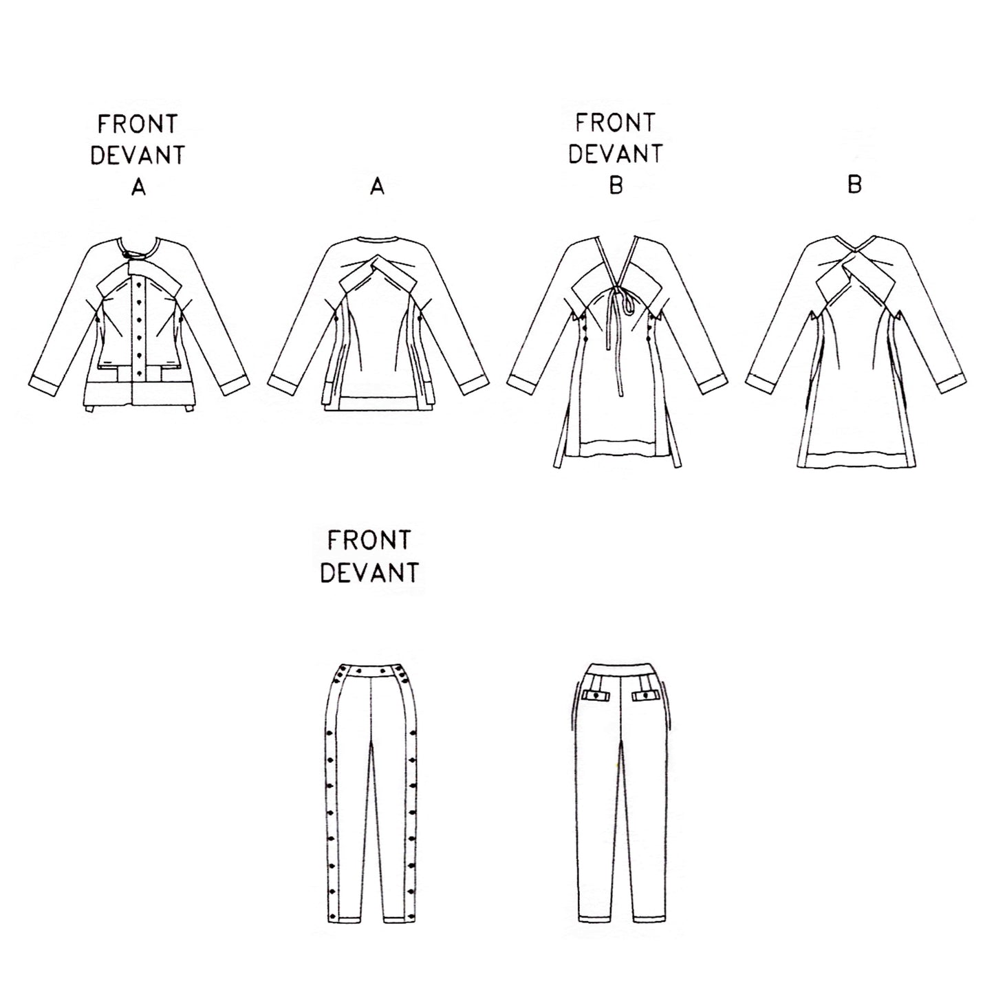 Technical drawing of a two tops and pants with front and back views on a white background