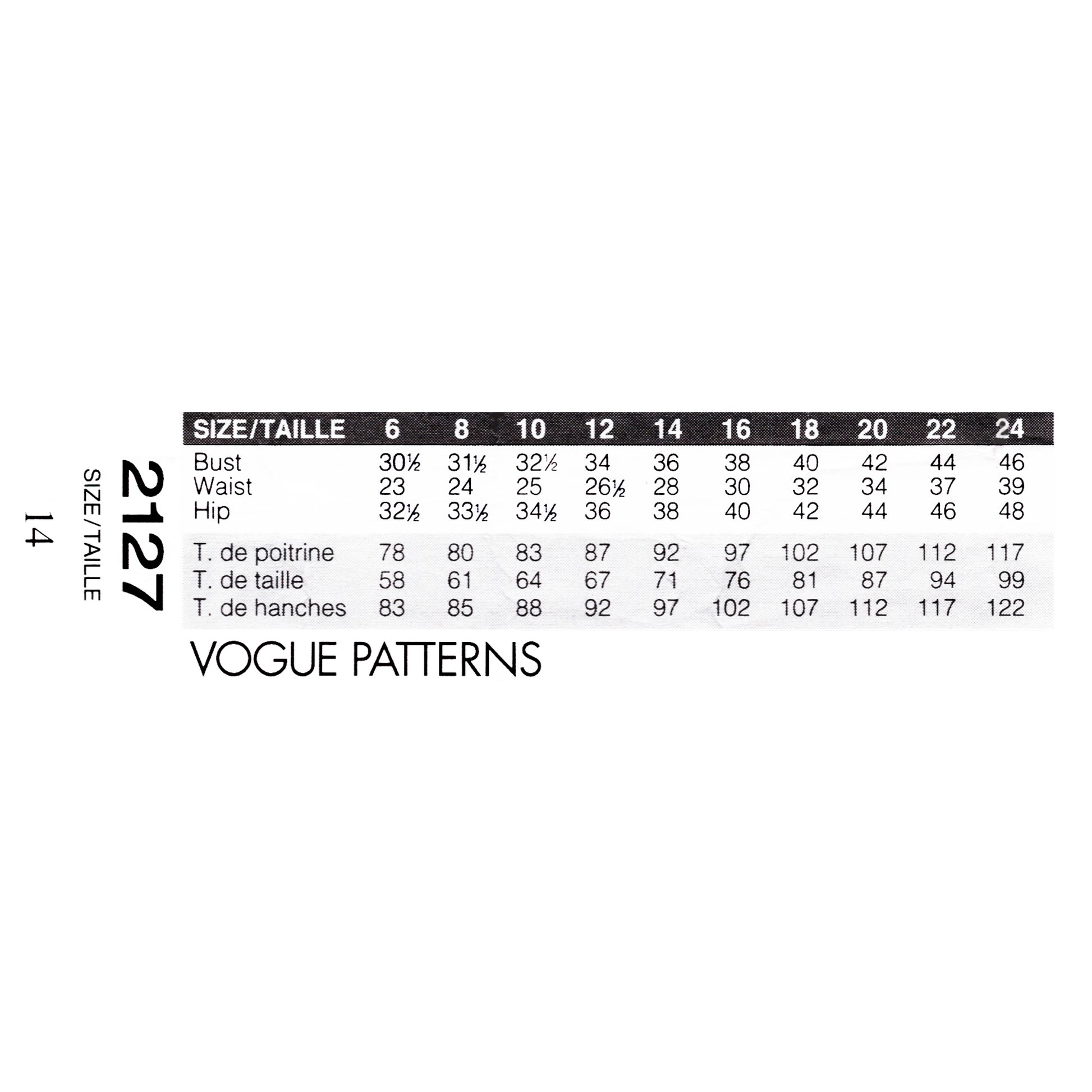 Vogue Patterns size chart on a white background