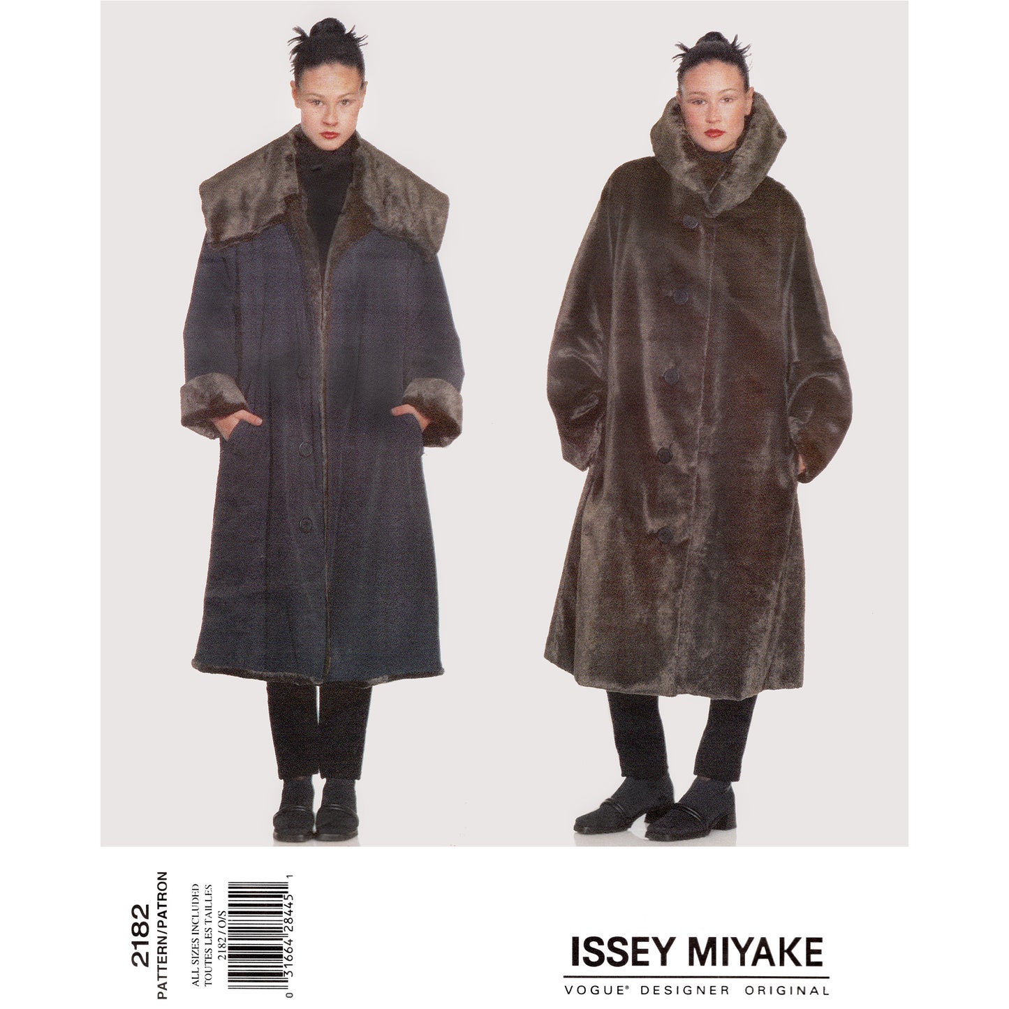 Vogue sewing pattern 2182 Issey Miyake reversible coat envelope front showing dark-haired model wearing both sides of the coat