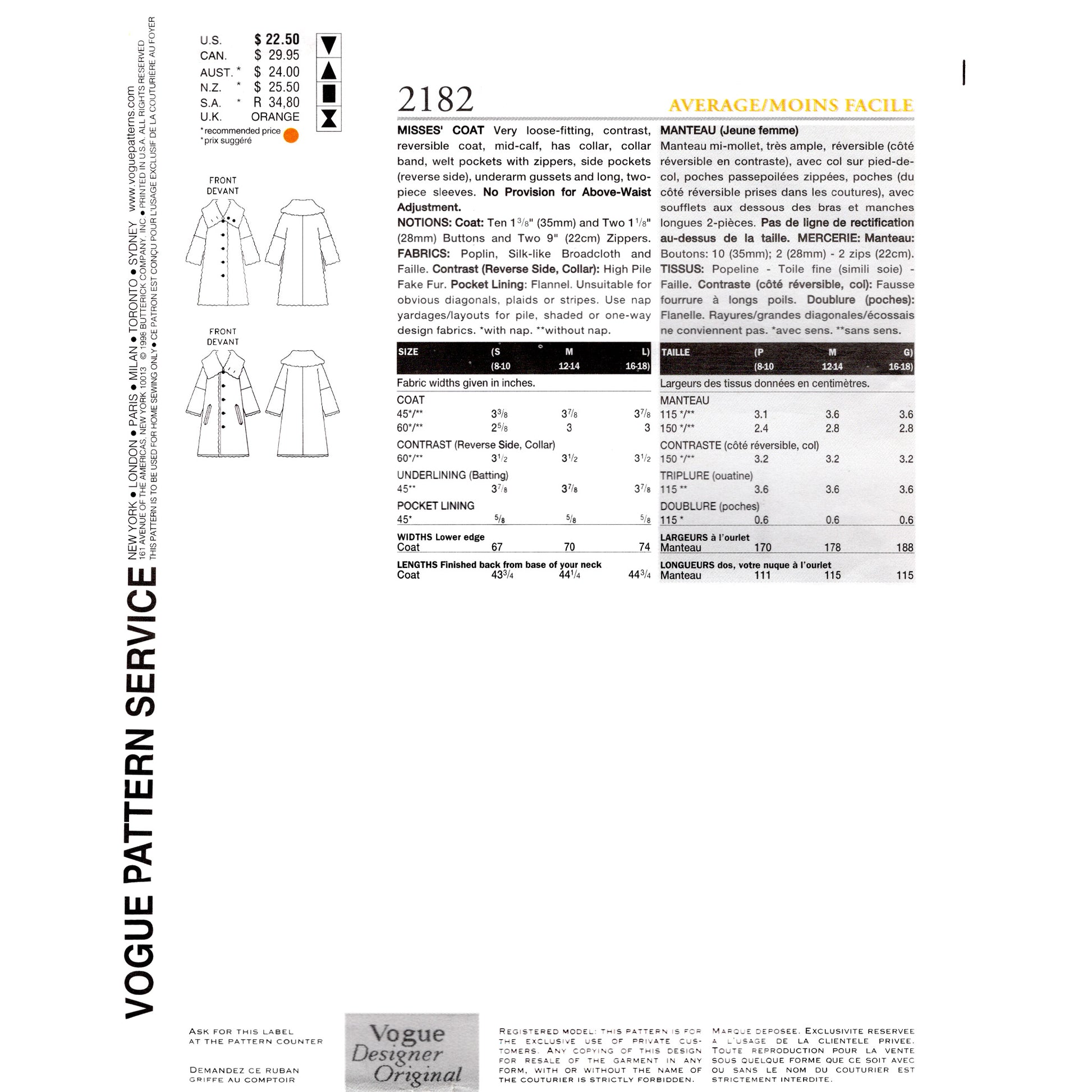 Back cover of envelope for Vogue pattern 2182