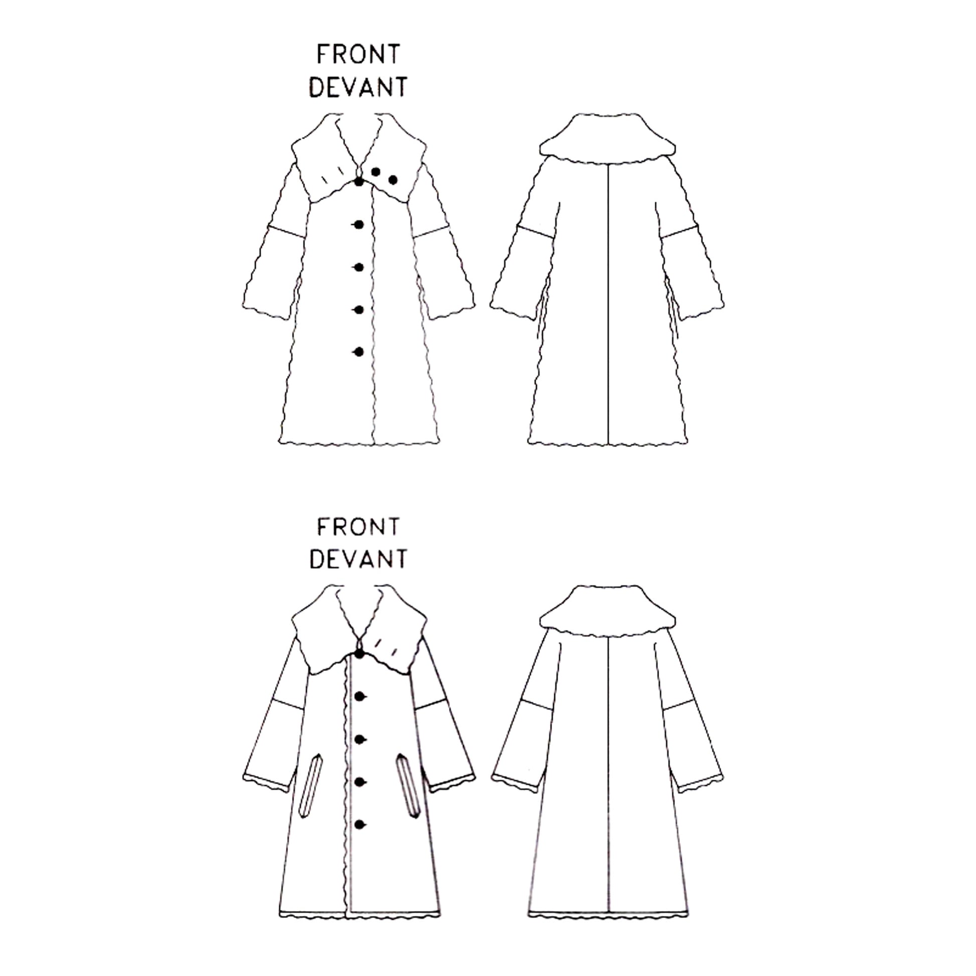 Technical line drawing of a reversible coat with front and back views on a white background