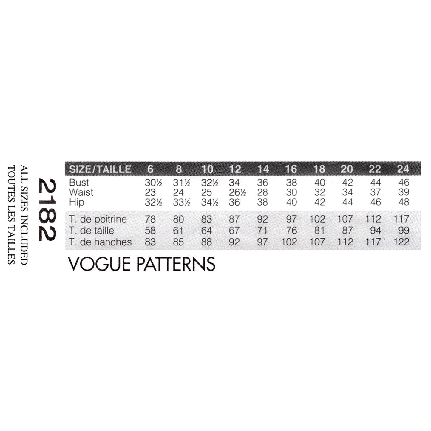 Vogue Patterns size chart for garment measurements on a white background