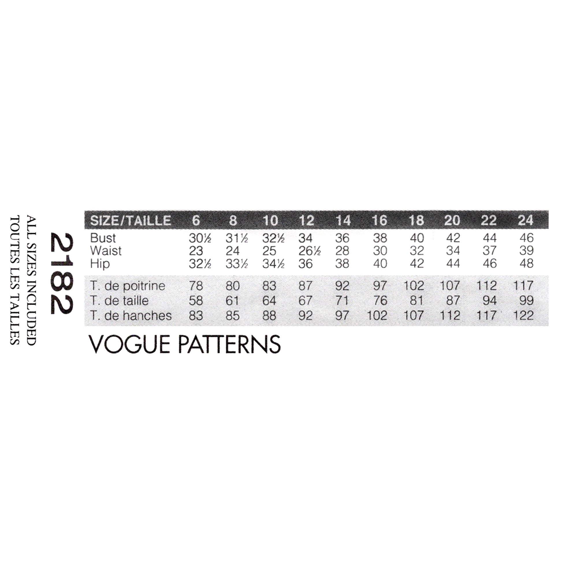 Vogue Patterns size chart for garment measurements on a white background