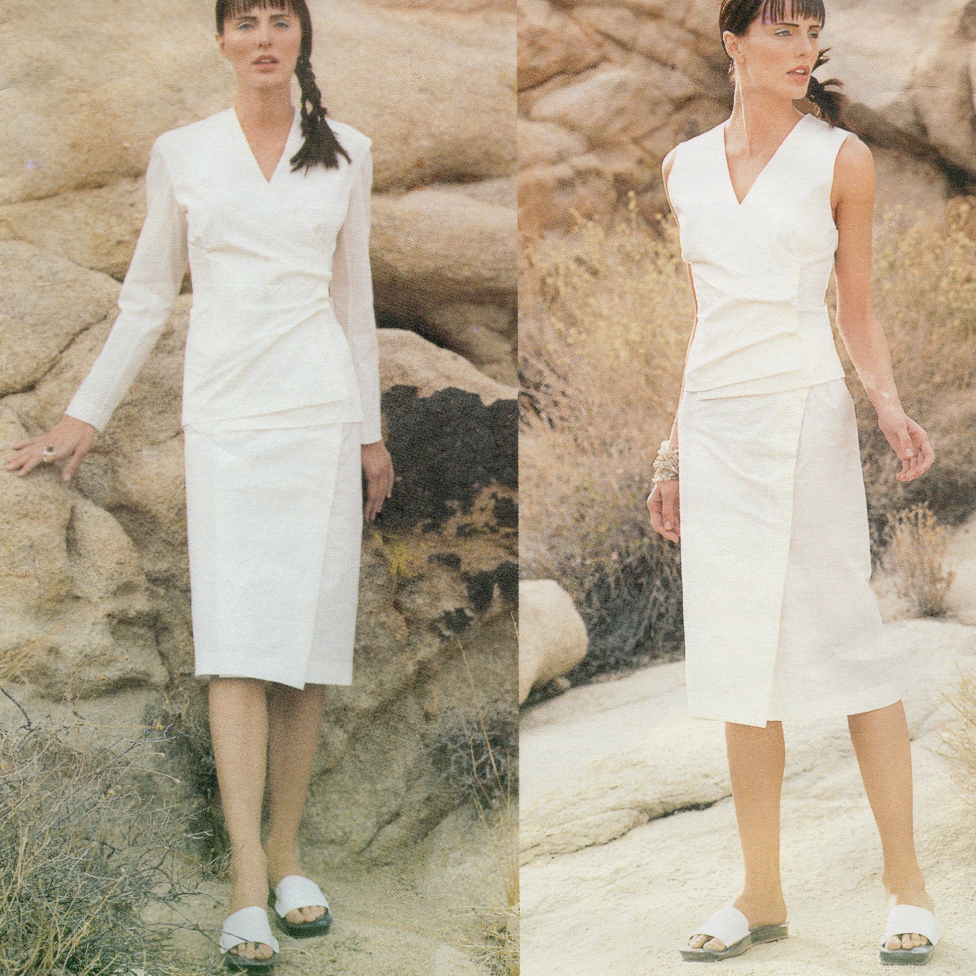 Woman wearing a white dress in a desert setting