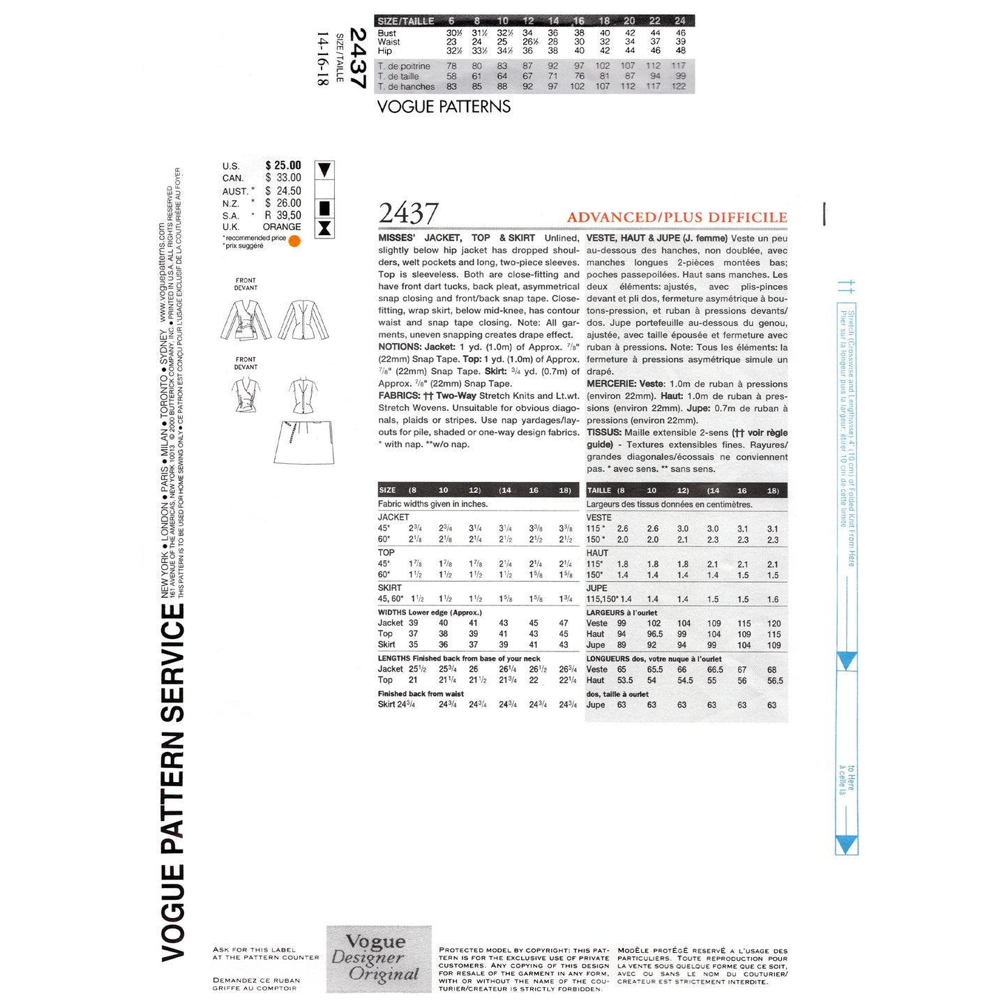 Vogue patterns design sheet with text and measurements