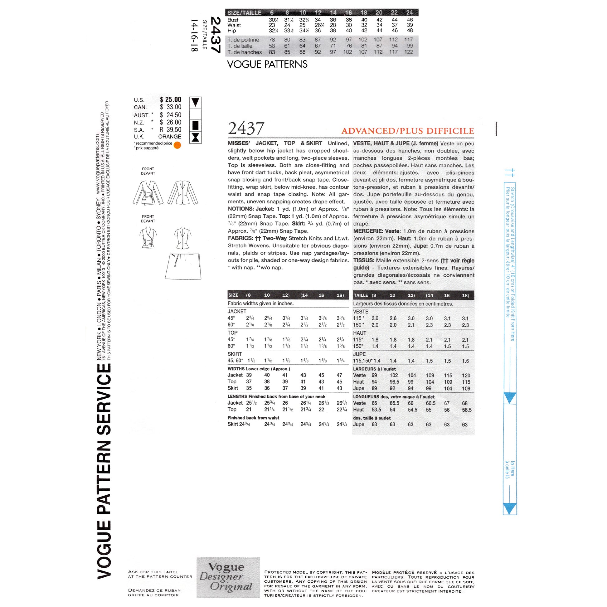 Vogue patterns design sheet with text and measurements