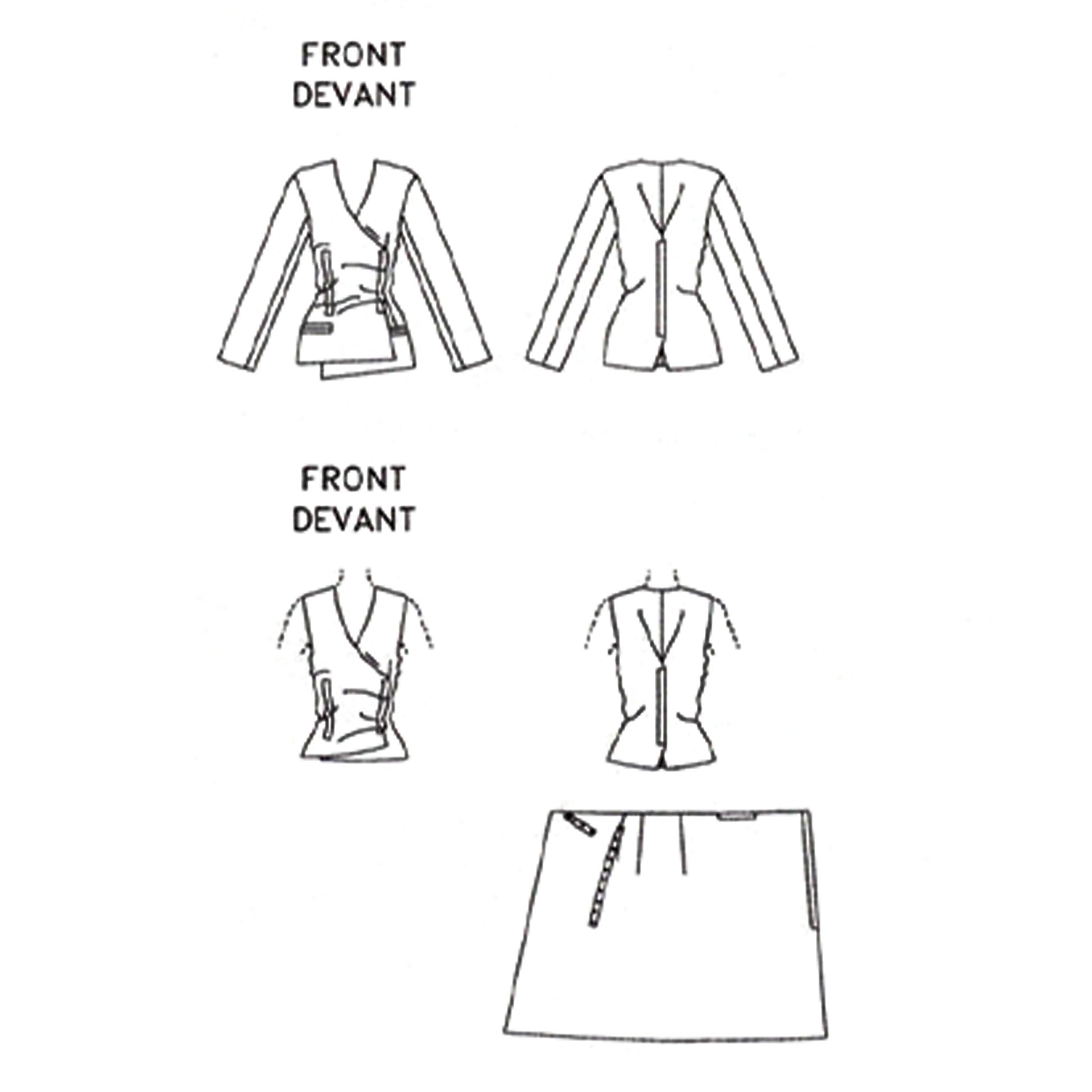 Line drawings of a jacket, top, and skirt front and back views on a white background
