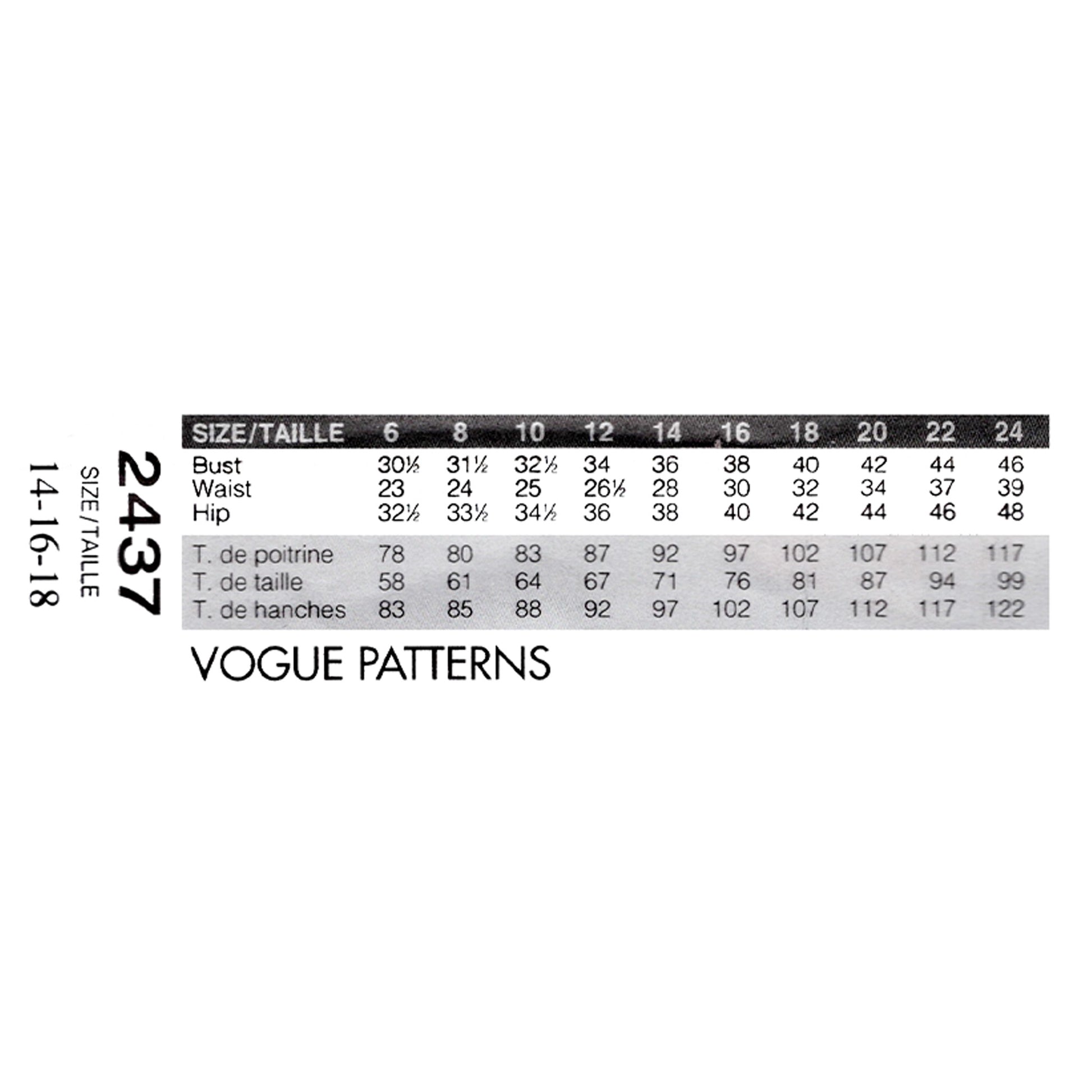 Vogue patterns size chart on a white background