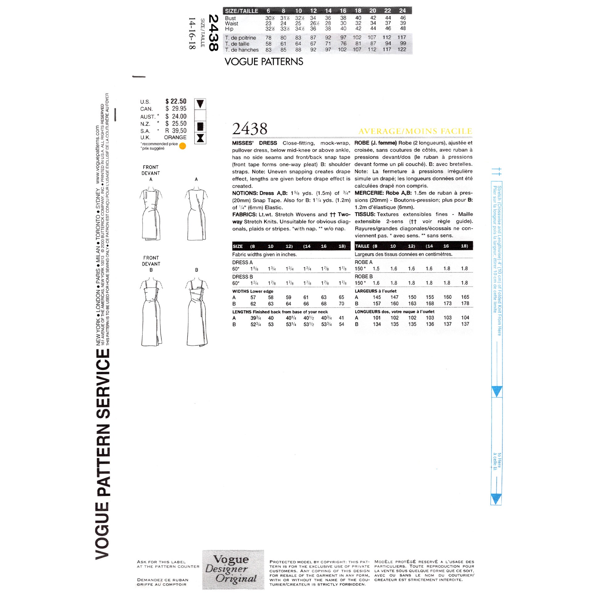 Vogue patterns dress design sheet with measurements and fabric requirements.