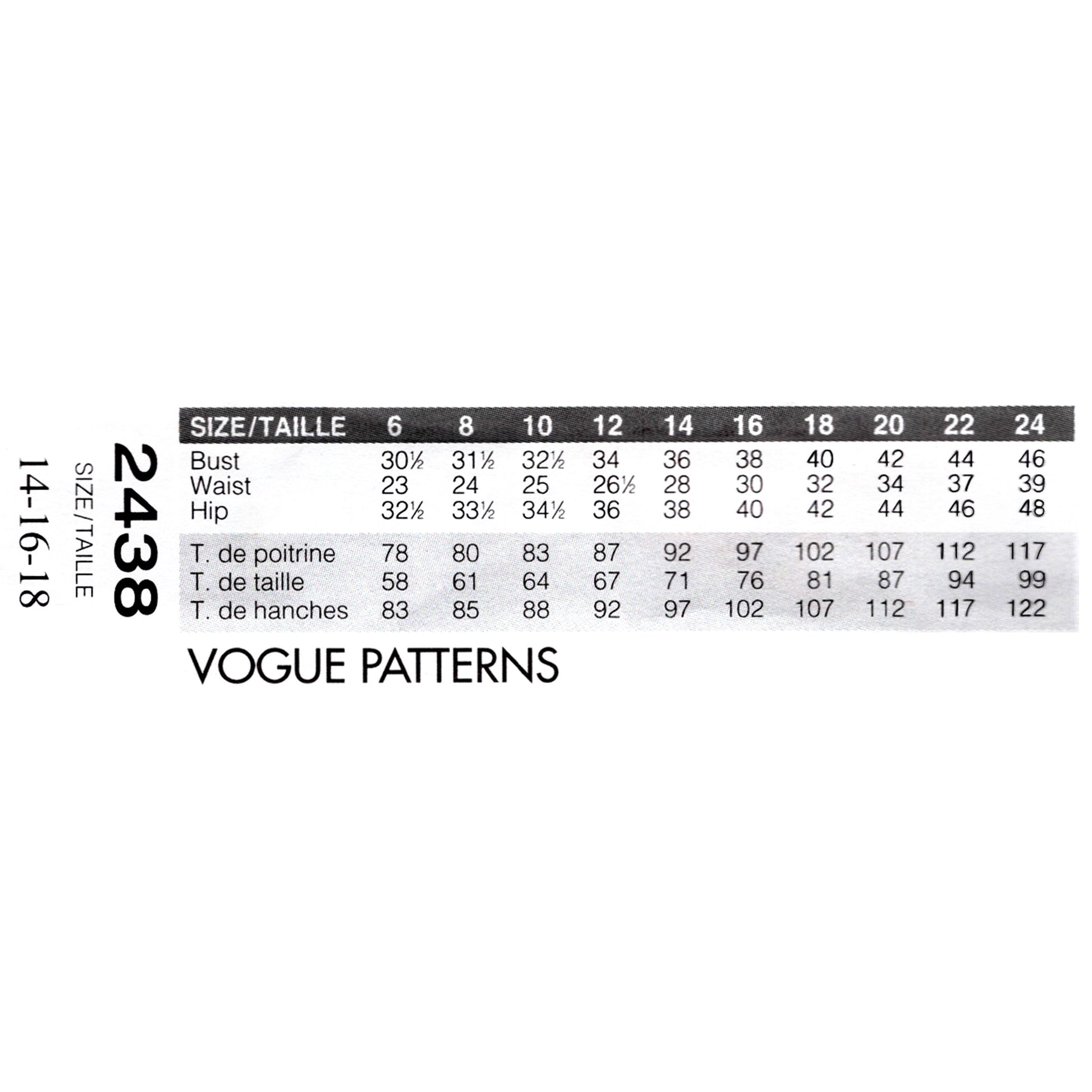 Vogue Patterns size chart for garment measurements on a white background