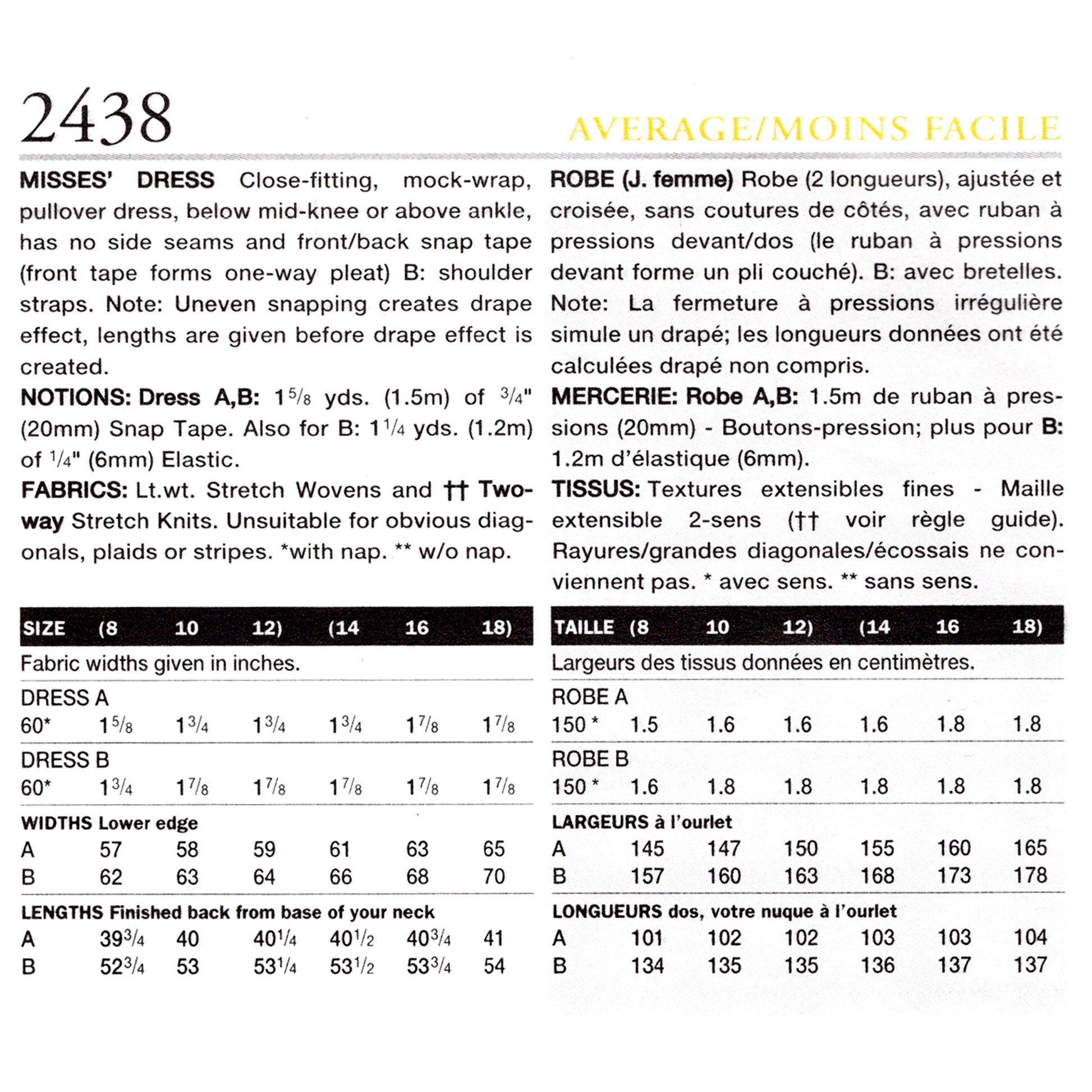 Textual fabric and pattern information sheet with measurements and specifications.