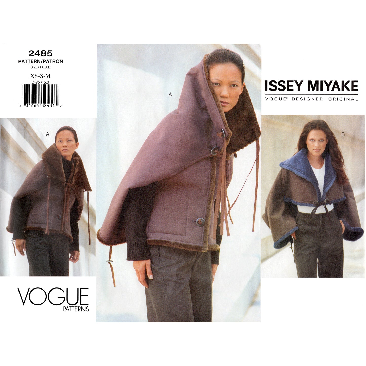 Vogue pattern 2485 envelope cover showing three models wearing different variations of jackets by Issey Miyake