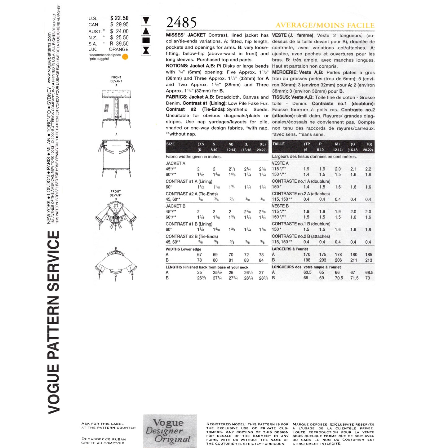 Vogue pattern service catalog page with sewing pattern details and measurements.