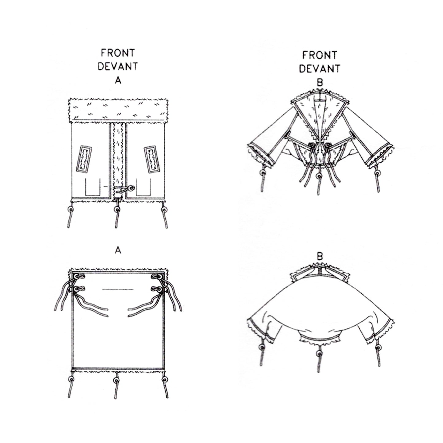Technical drawing of jackets with front and back views labeled A and B on a white background.