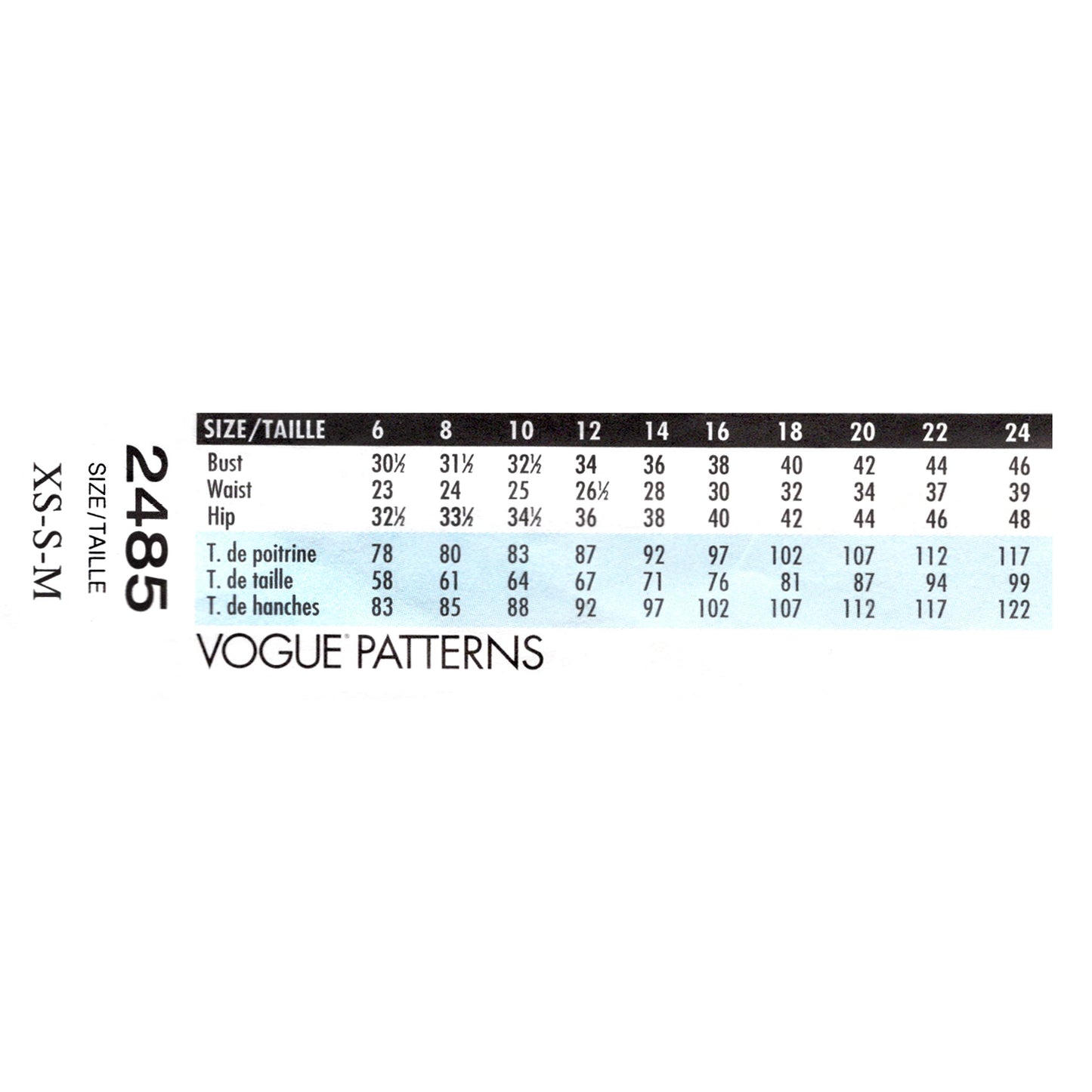 Vogue Patterns size chart for clothing with measurements in centimeters and inches.