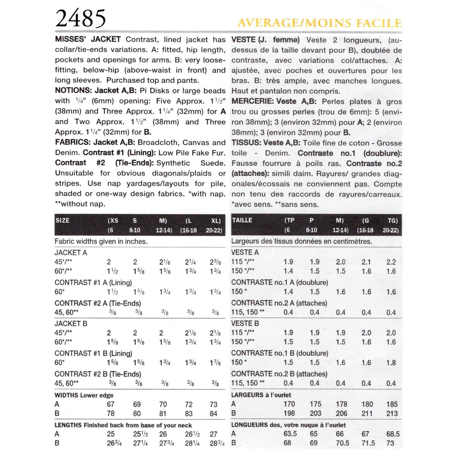 Textual fabric and pattern information sheet with measurements and specifications.