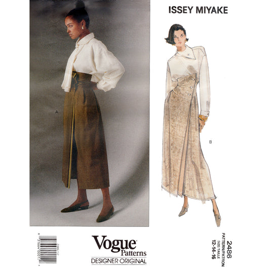 Vogue pattern 2486 envelope cover showing a model wearing an asymmetric skirt and blouse by Issey Miyake and an illustration of the same skirt with the second blouse in the pattern pack