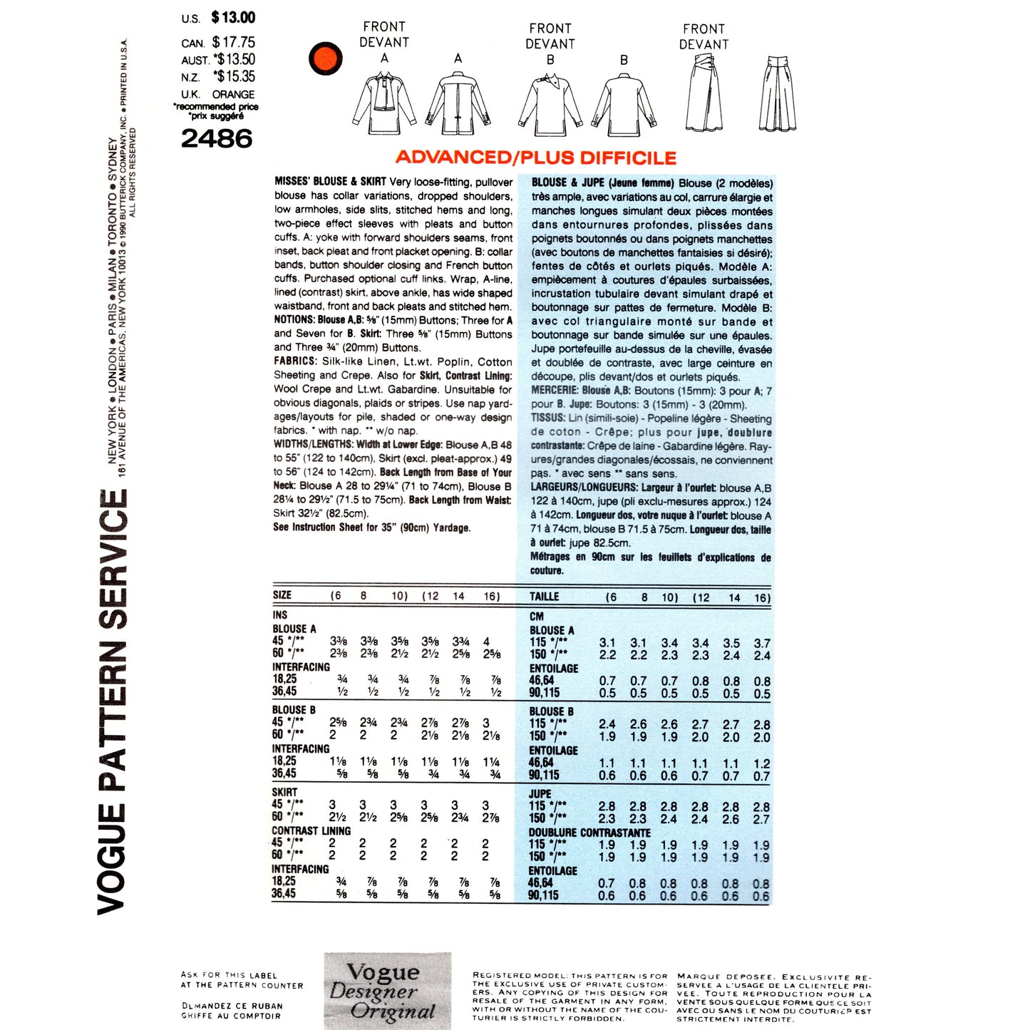 Vogue patterns dress design sheet with measurements and fabric requirements.