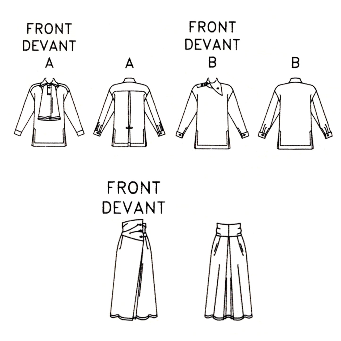Technical line drawing of a skirt and two blouses with front and back views labeled A and B on a white background.