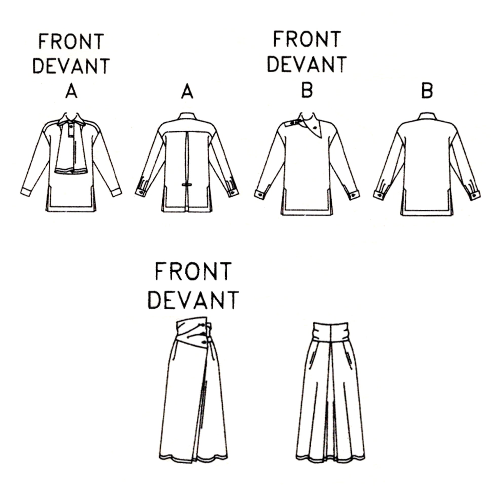 Technical line drawing of a skirt and two blouses with front and back views labeled A and B on a white background.