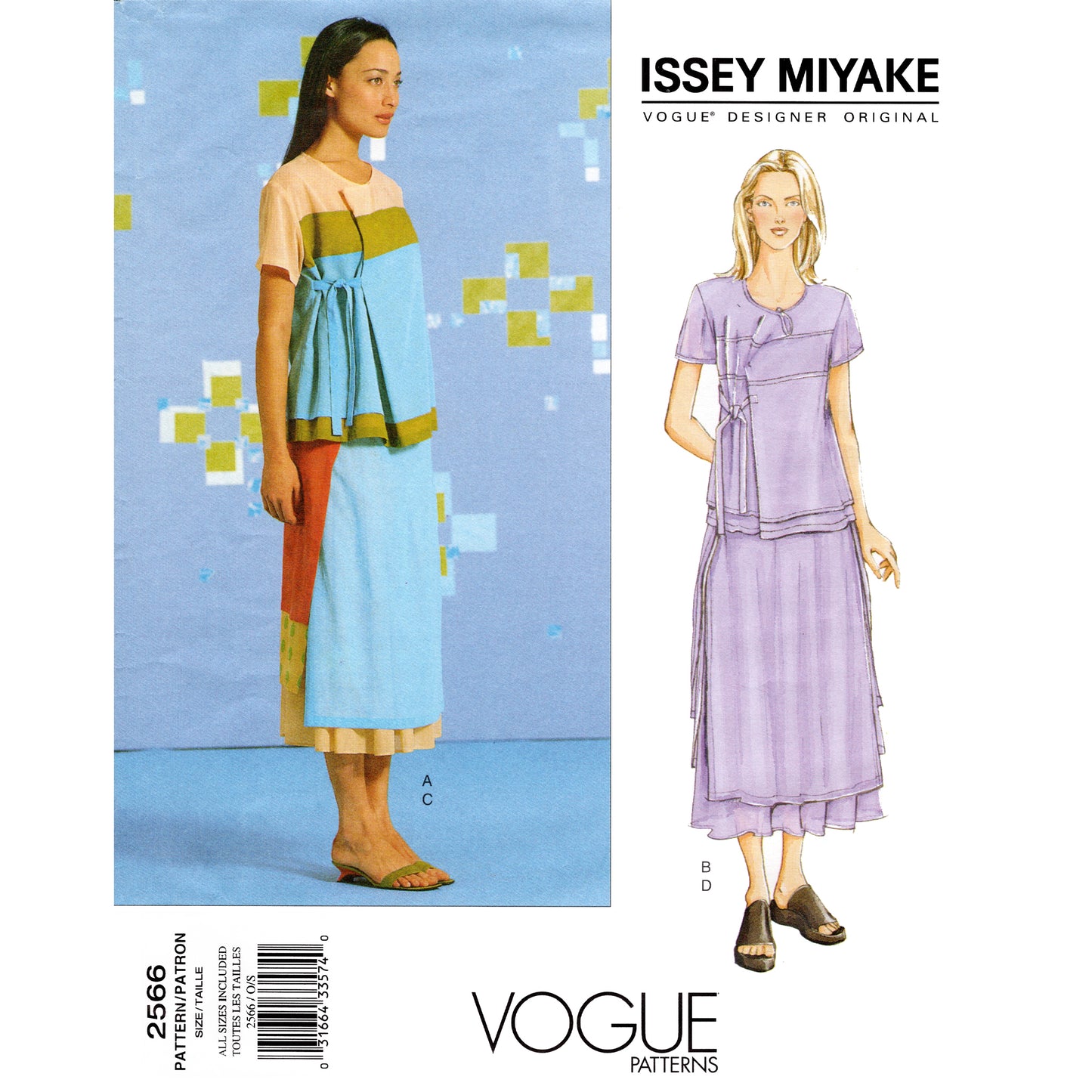 Vogue pattern 2566 envelope cover showing a model wearing a layered skirt and top set by Issey Miyake