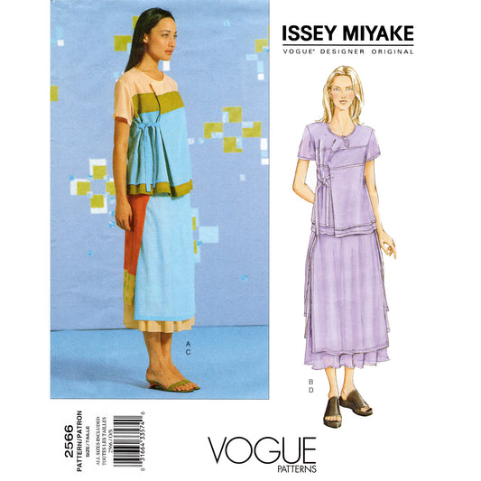 Vogue pattern 2566 envelope cover showing a model wearing a layered skirt and top set by Issey Miyake