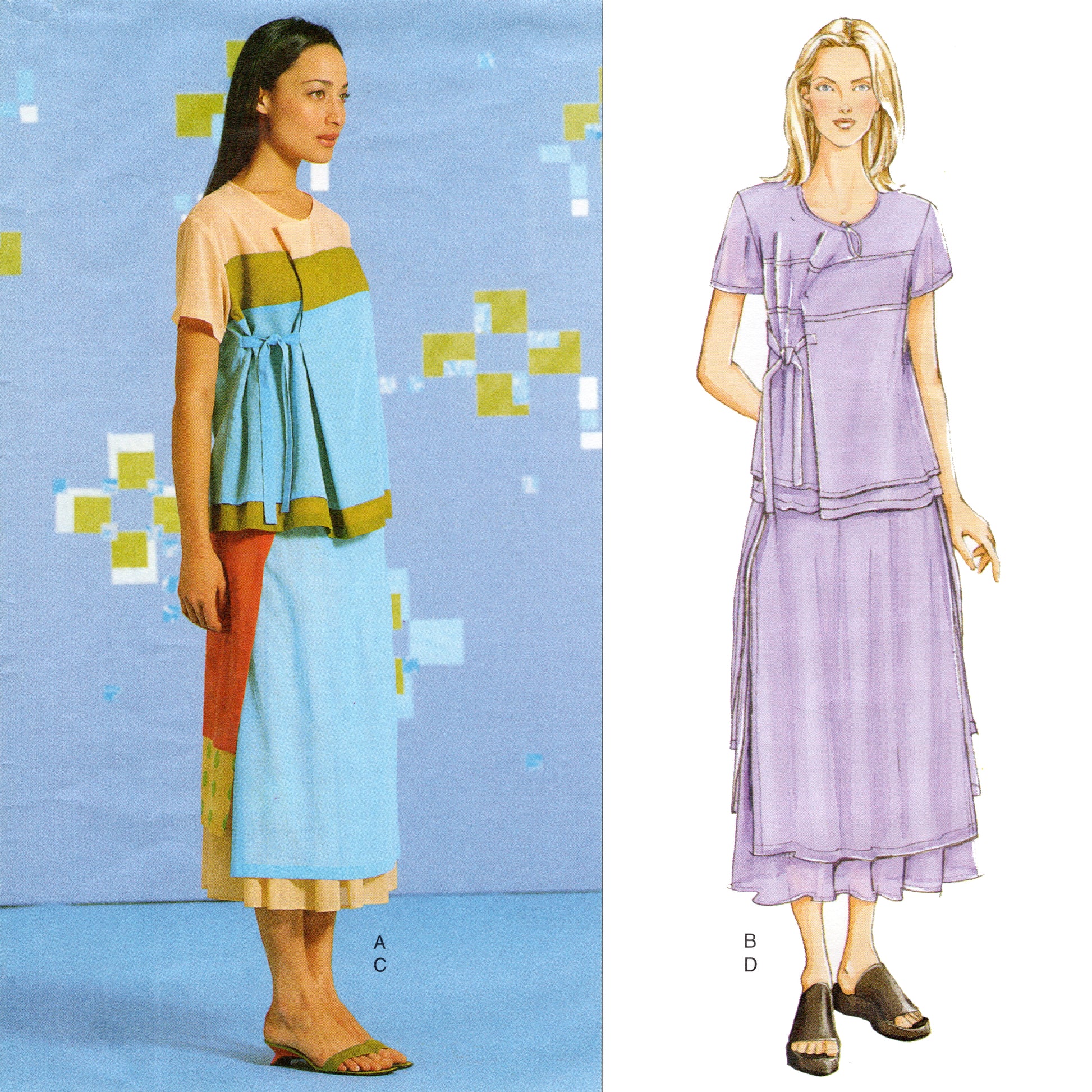 Two women modeling different dress designs against a blue background with geometric patterns.