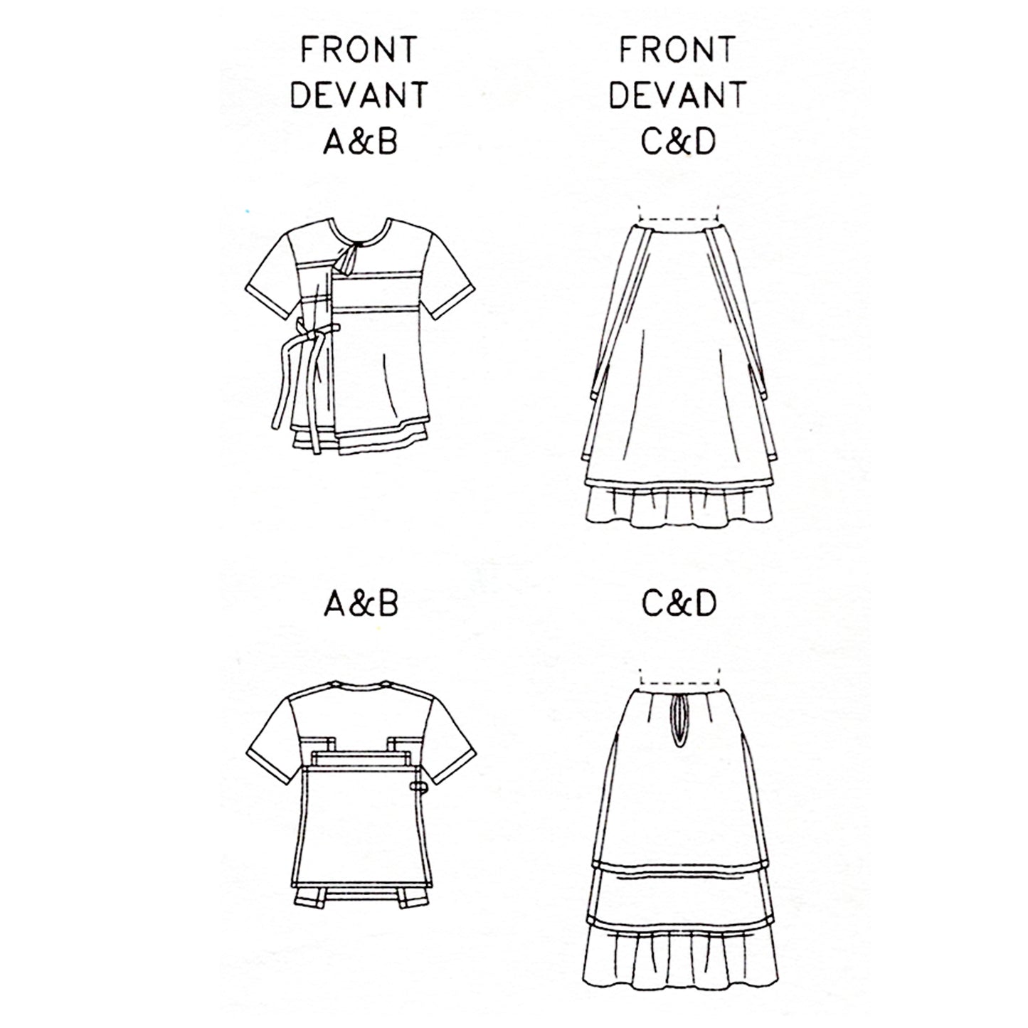 Technical drawing of a skirt and top with front and back views on a white background.